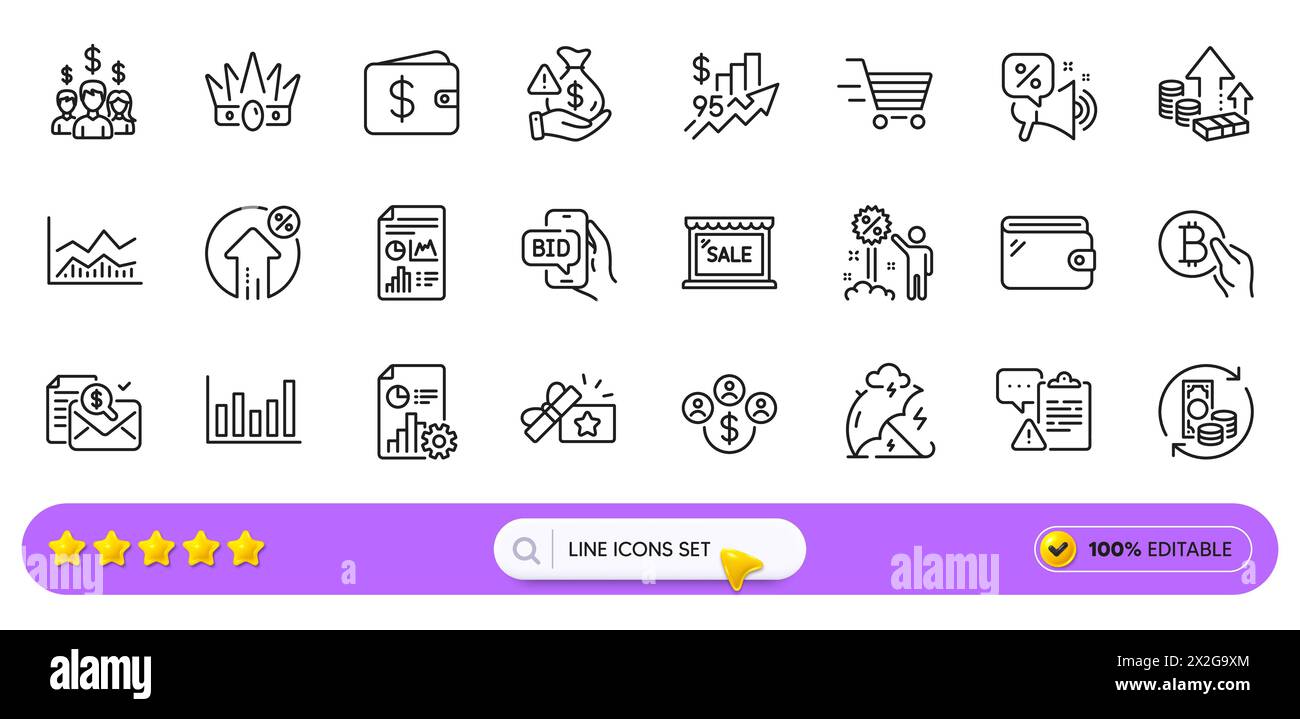 Icone di sconto, gonfiaggio e linea Crown per l'app Web. Icona pittogramma. Icone di linea. Vettore Illustrazione Vettoriale