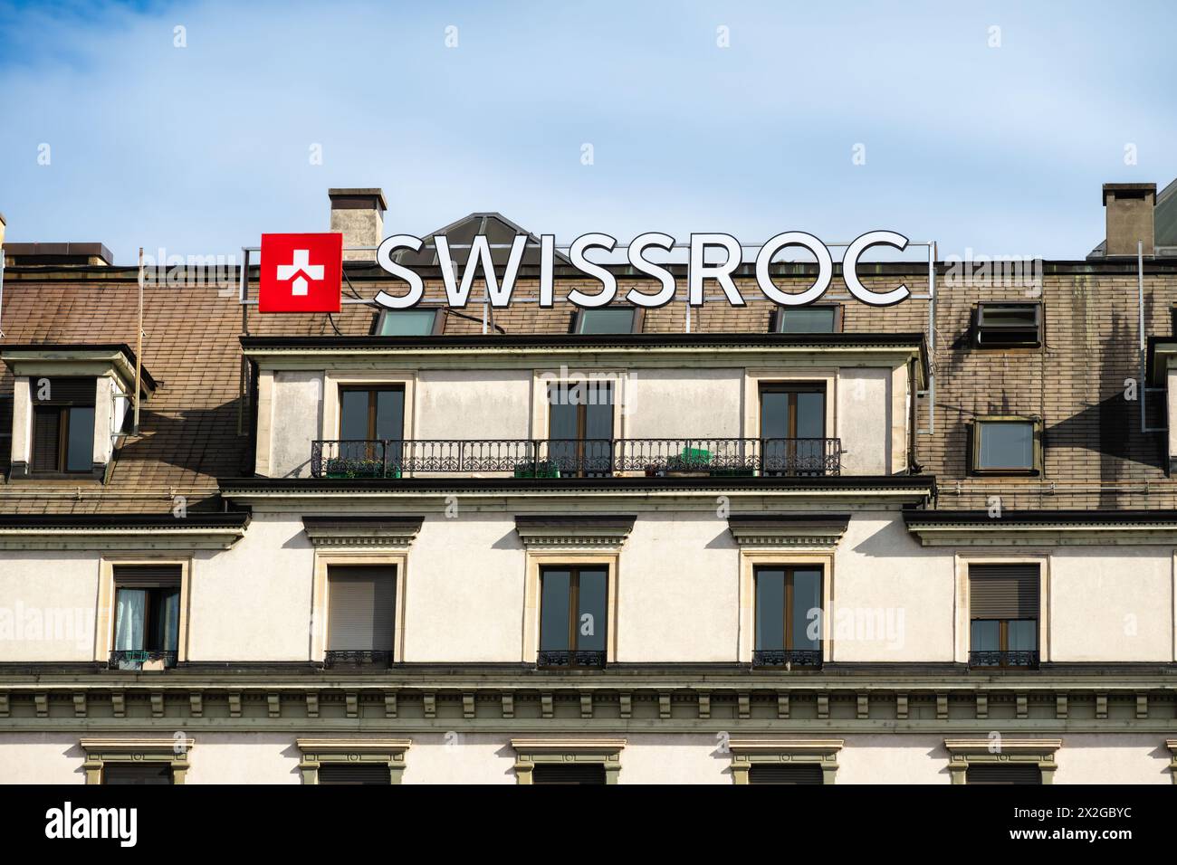Ginevra, Svizzera - 5 aprile 2024: Il gruppo Swissroc è una società di servizi immobiliari Foto Stock