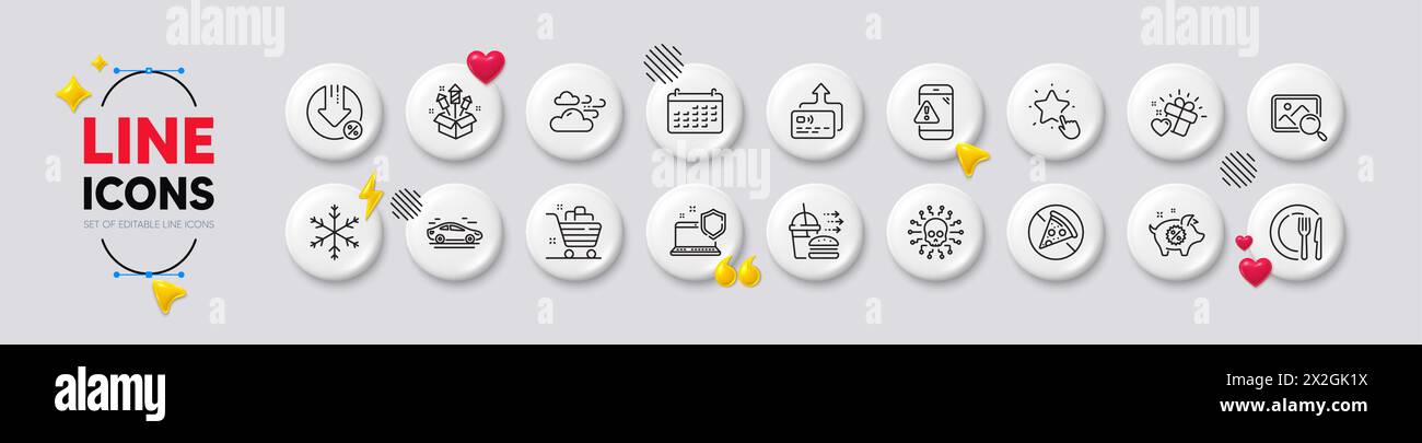 Icone della linea di sicurezza Cyber Attack, auto e computer. Per applicazioni Web, stampa. Icone 3d con pulsanti bianchi. Vettore Illustrazione Vettoriale