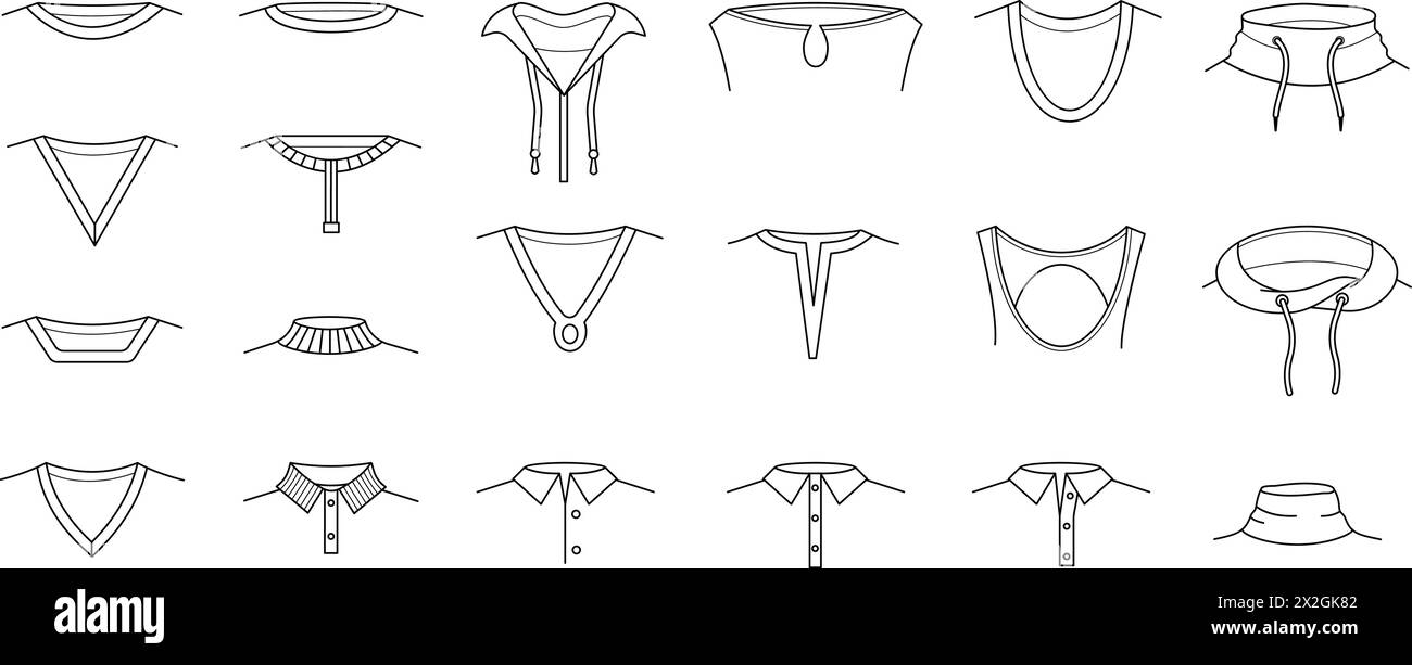 Scollature di camicia. Pullover, t-shirt e felpa con scollatura. Modelli di disegno tecnico, tipi di abiti alla moda elementi Set vettoriale decente Illustrazione Vettoriale