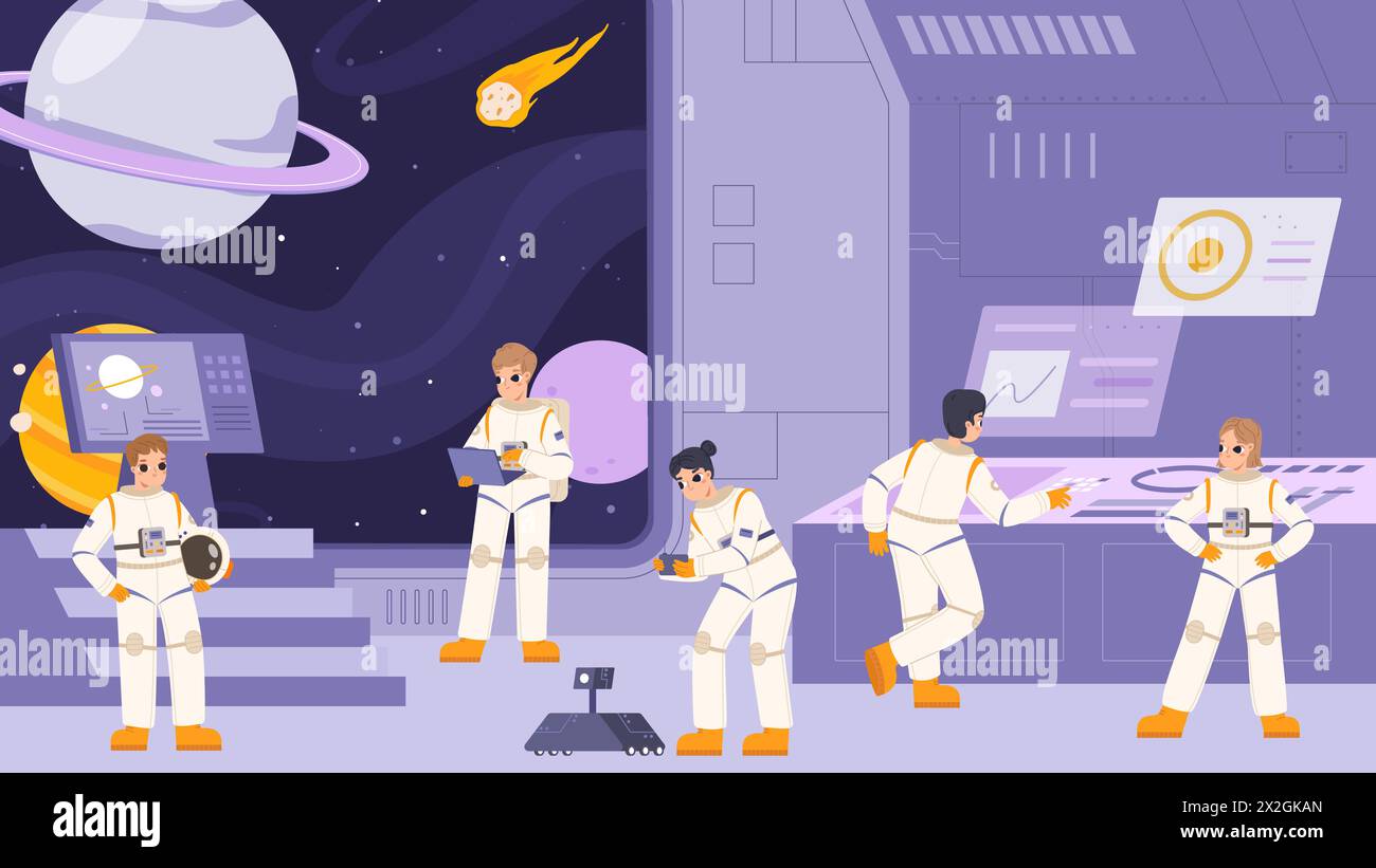 Equipaggio sulla nave spaziale. Astronauti in tute spaziali e pilota. Viaggiatori interstellari, team di esplorazioni spaziali con ingegnere. Cartoni animati colorati che si adattano perfettamente al vettore Illustrazione Vettoriale