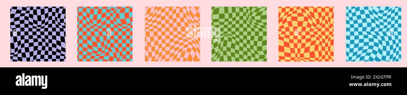 Sfondo scacchiera psichedelico. Illustrazioni vettoriali ondulate, stile psichedelico alla moda e scacchiera dai colori vivaci. Illustrazione Vettoriale