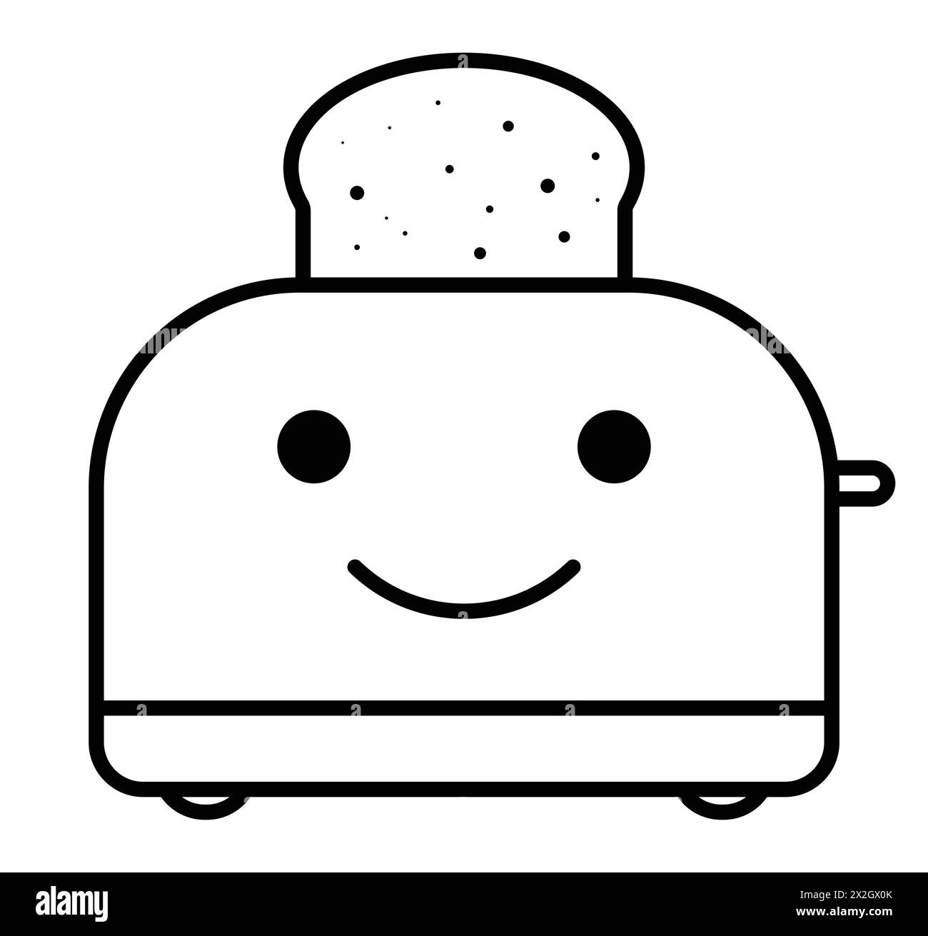 Icona della linea dei personaggi del tostapane carino, sorridente e felice. Tostapane a cartoni con pane tostato. Tostare il pane. Simbolo contorno nero. Illustrazione vettoriale. Illustrazione Vettoriale