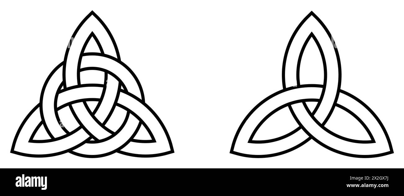 Set di icone del segno Triquetra. Foglia come simbolo celtico semplice, linea nera, nodo Trikvetra con cerchio Trikvetra tribale vichingo per tatuaggio. Illustrazione Vettoriale