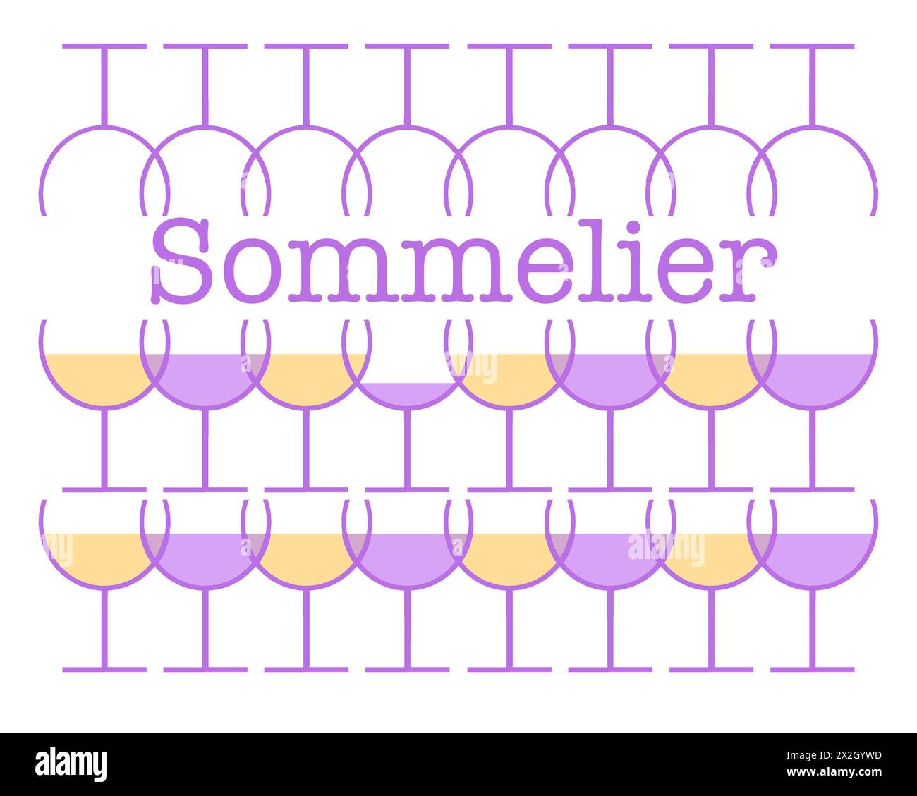 Un sommelier, o amministratore del vino ed esperto di vino è il tema di questa illustrazione in 3D. Bicchieri da vino, calici, sono visti con vino rosso e bianco in un abst Foto Stock