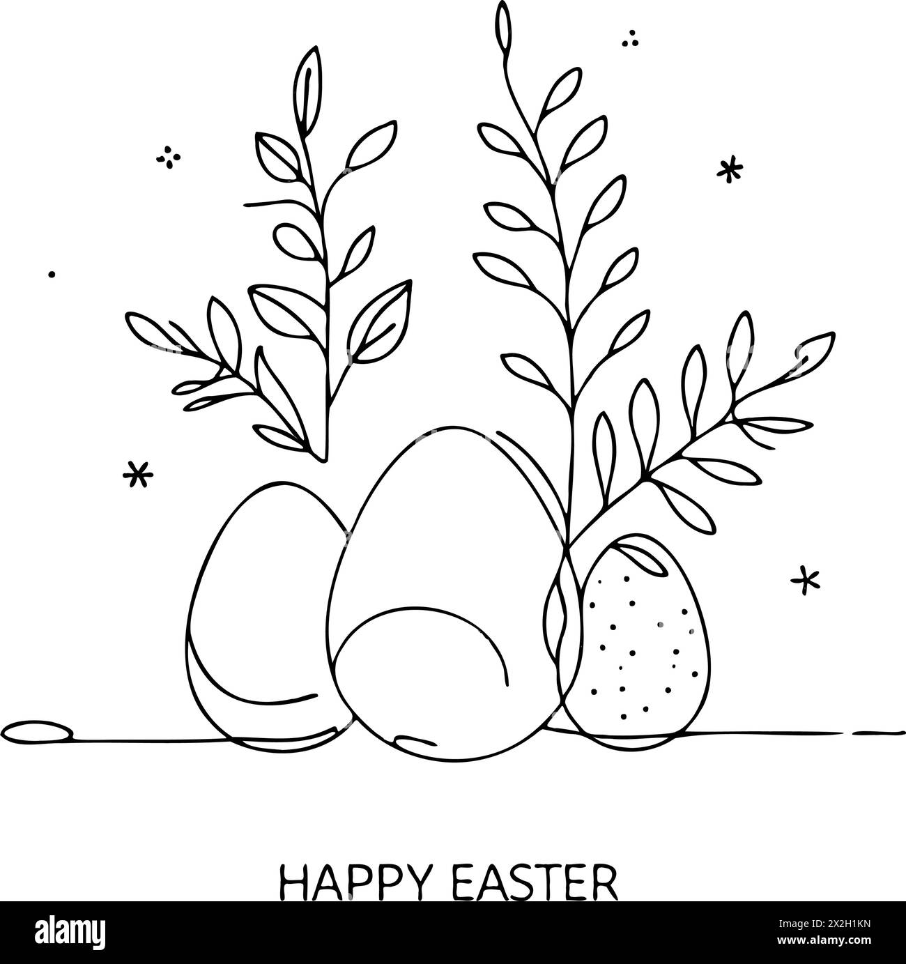 Disegno di tre uova e foglie con le parole Happy Easter scritte di seguito. Il disegno ha un'atmosfera tranquilla e gioiosa, con uova e foglie di pere Illustrazione Vettoriale