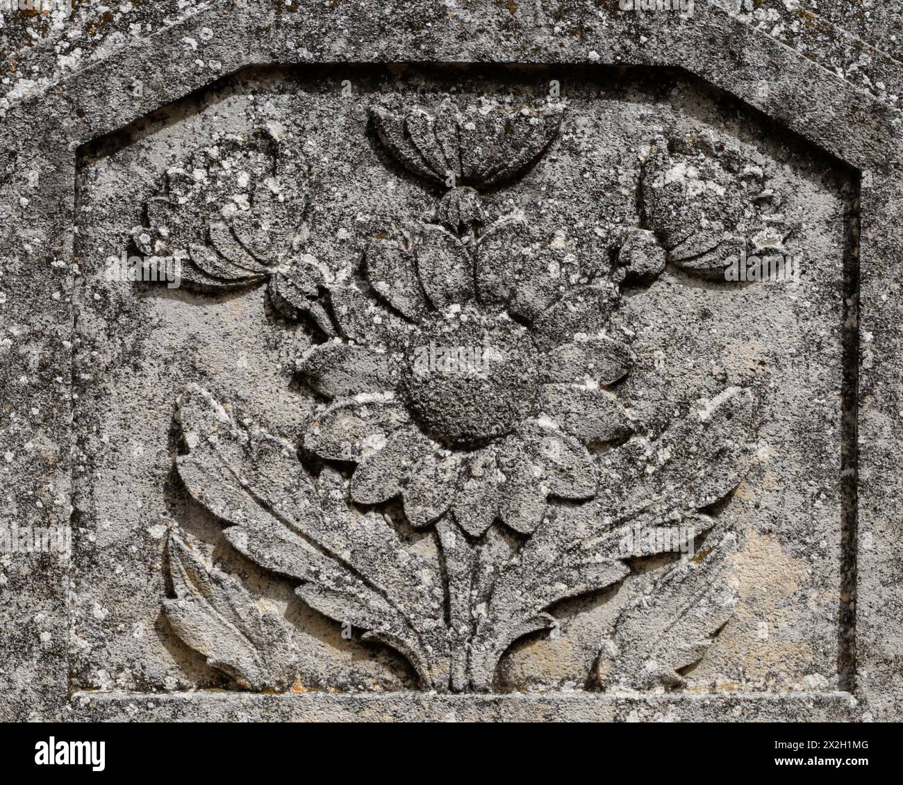 Il vecchio cimitero di Robion, Provenza, Francia. Tombe adornate con motivi scolpiti che indicano le professioni del defunto | scultura di girasole Foto Stock