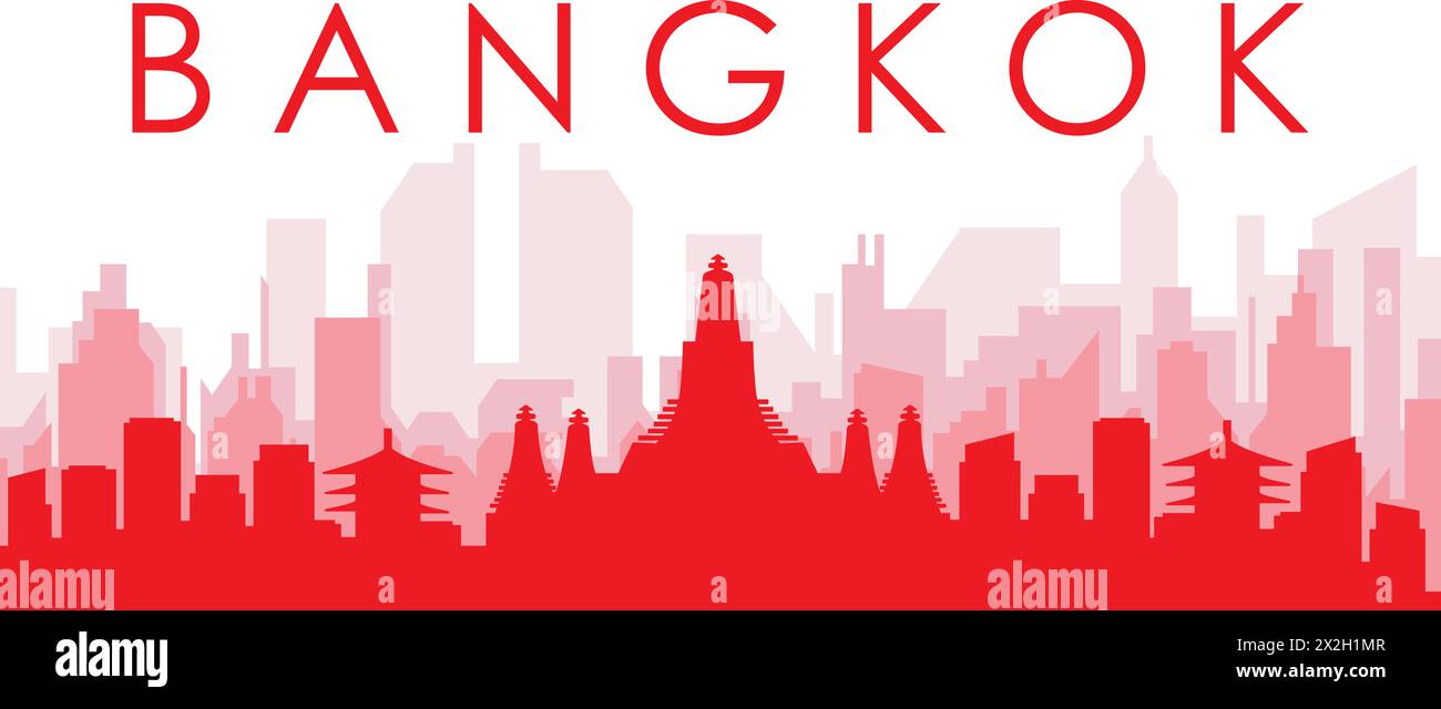 Poster rosso dello skyline della città di BANGKOK, THAILANDIA Illustrazione Vettoriale