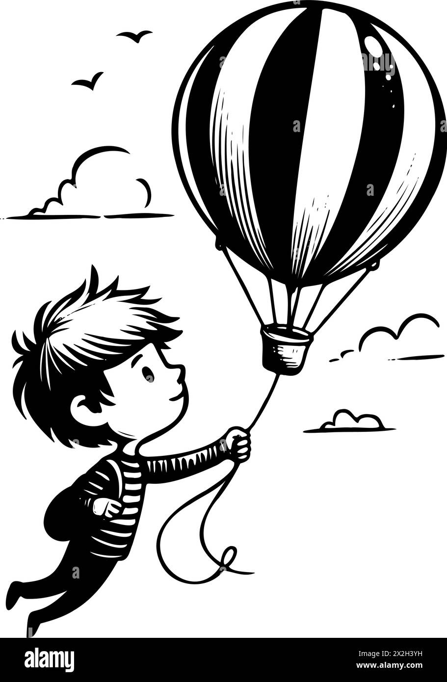 il ragazzo sta tenendo in mano la mongolfiera e sta volando in aria. L'immagine ha uno stato d'animo giocoso e bizzarro, mentre il ragazzo è raffigurato come un senso di avventura e libertà Illustrazione Vettoriale