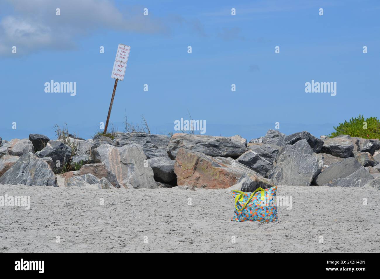 Sulla sabbia, di fronte al molo di roccia presso la spiaggia Jetty Park di Port Canaveral in Florida, si trova una borsa tote solitaria adornata con un motivo a forma di ananas. Foto Stock