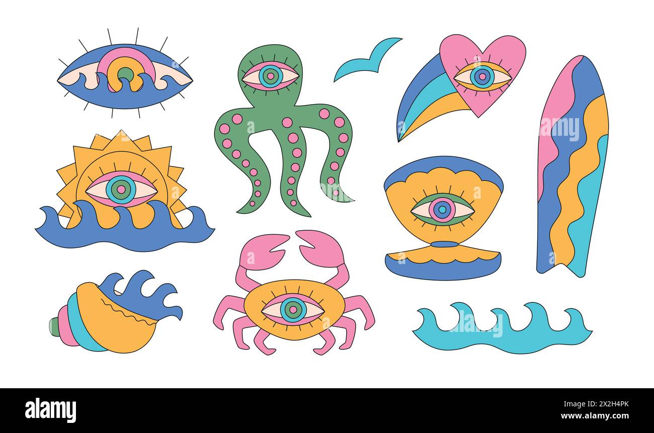 Surf astratto estivo, onde, conchiglie, granchio, polpo. Disegni trippy brillanti per stampa t-shirt, poster, adesivo, logo. Illustrazione Vettoriale