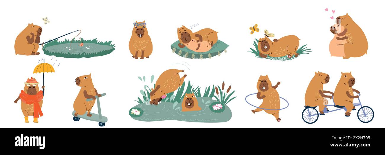 I soffici copibari si divertono all'aperto, pescando o nuotando nelle paludi e dormendo sull'erba Illustrazione Vettoriale