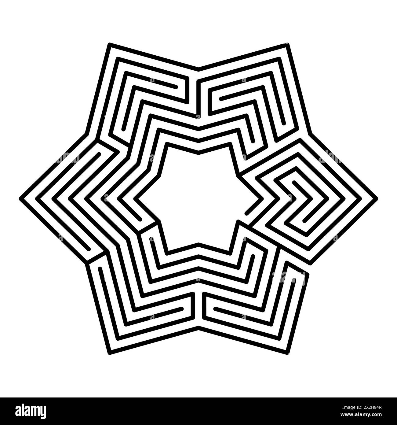 Labirinto esagonale, a forma di stella, labirinto a sei punte in sette percorsi, con una raccolta di sentieri dall'ingresso alla porta. Foto Stock