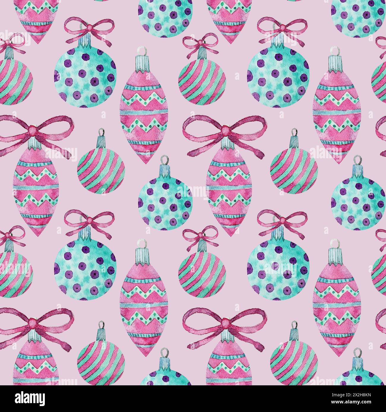 Grazioso motivo rosa senza cuciture con giocattoli decorativi per alberi di Natale e palle. Acquerello natalizio e sfondo per le vacanze di Capodanno per tessuti Foto Stock