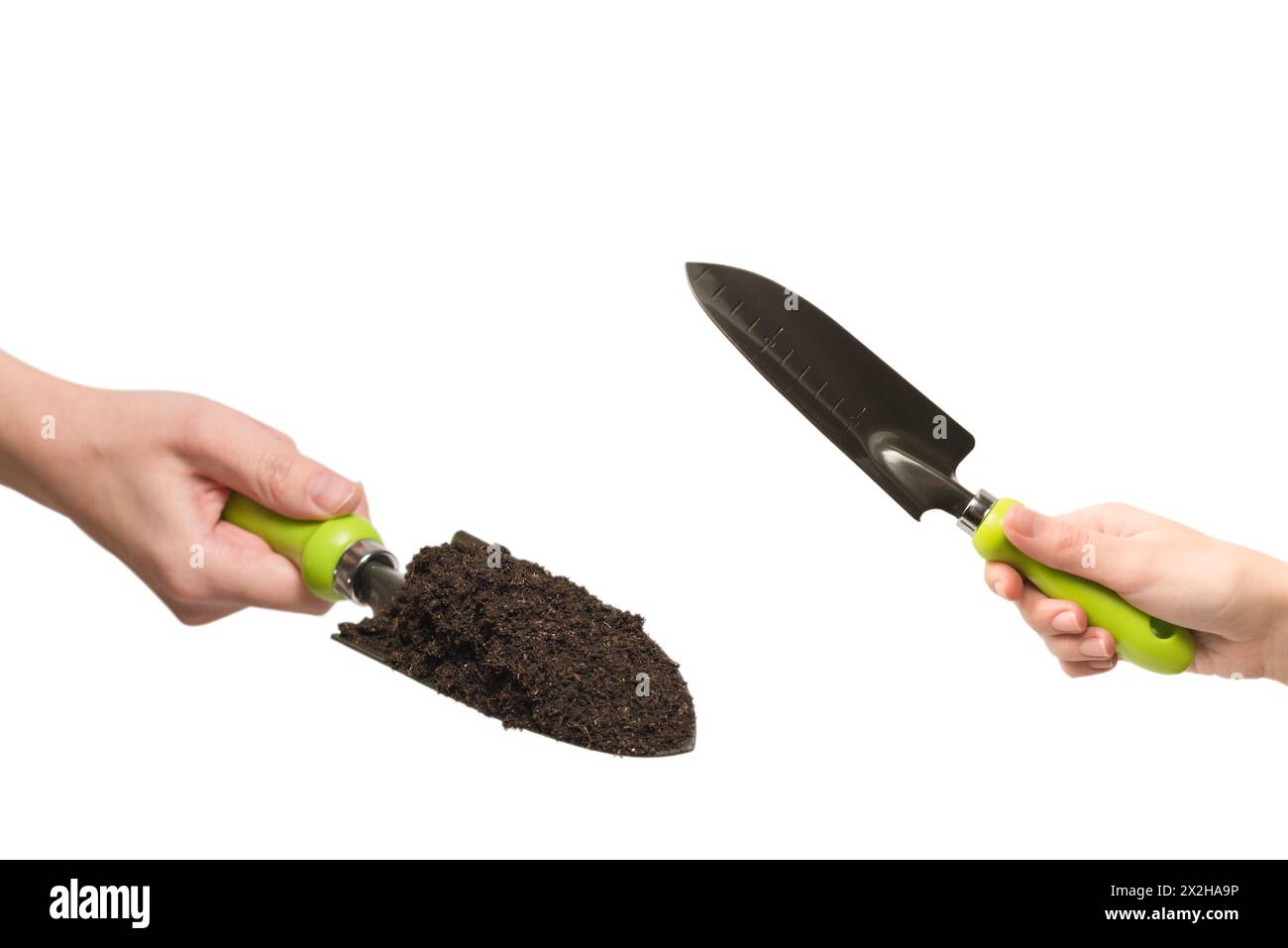 Piccola pala verde con terreno in donna mano isolata su sfondo bianco. Foto Stock