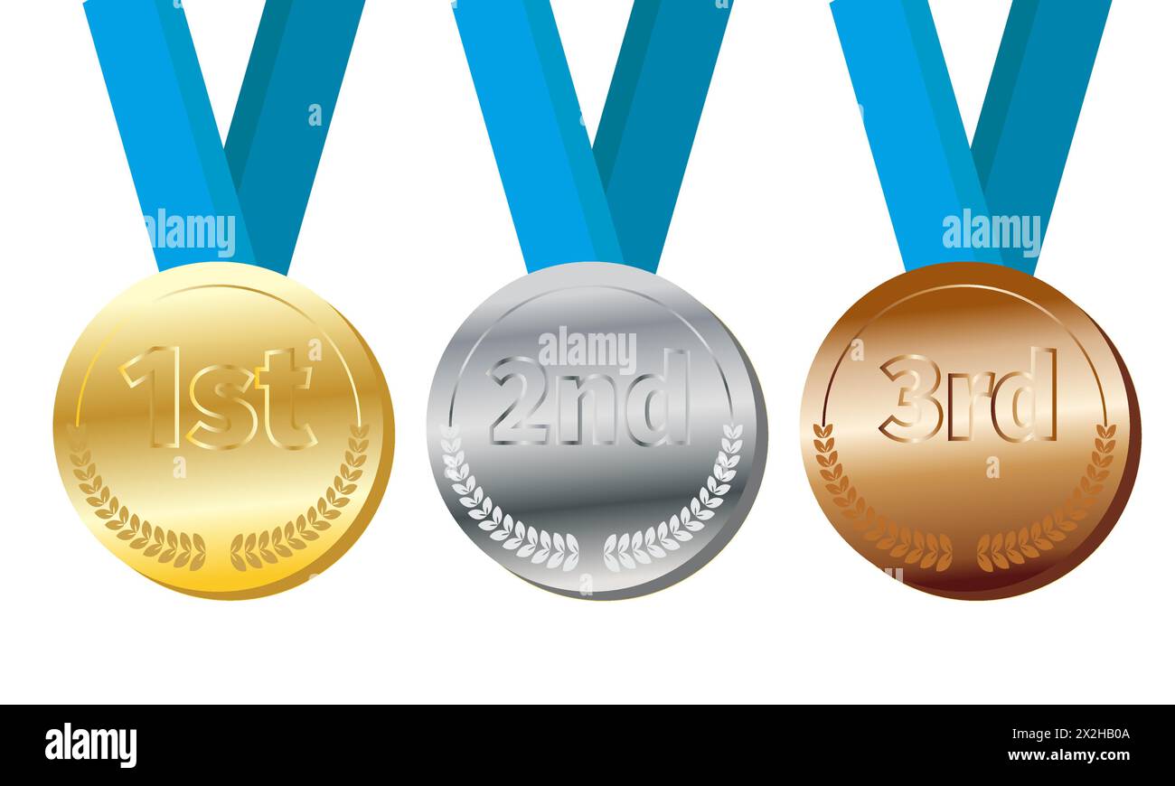 Vincitore di medaglia sportiva, medaglia d'oro, argento e bronzo su sfondo bianco Illustrazione Vettoriale