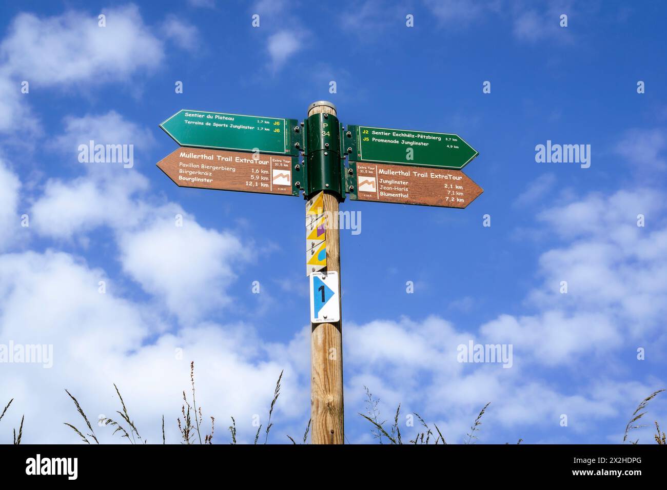 Cartello segnaletico a Mullerthal, Lussemburgo Foto Stock