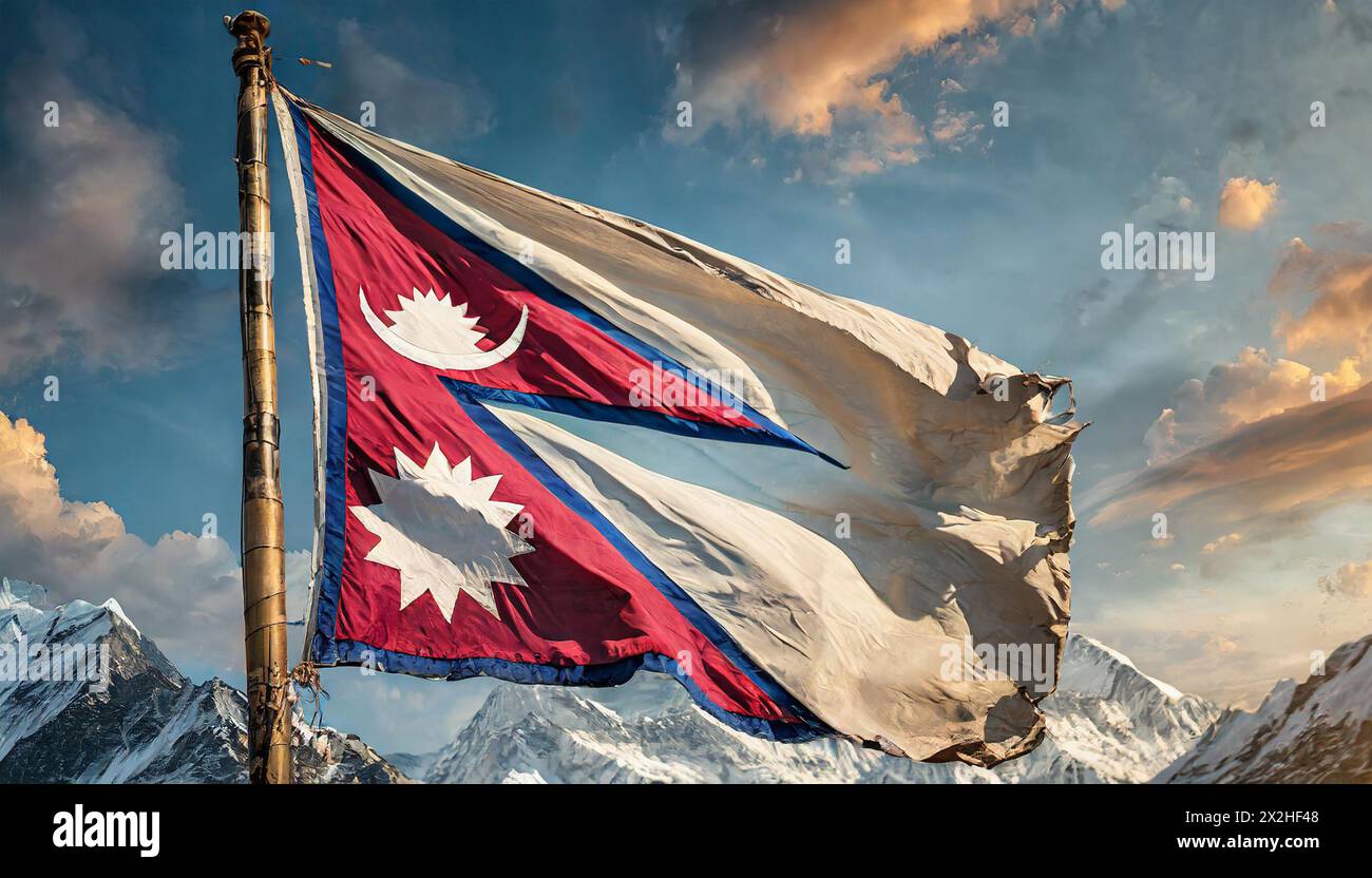 Die Fahne von Nepal, flattert im Wind, isoliert gegen blauer Himmel Foto Stock