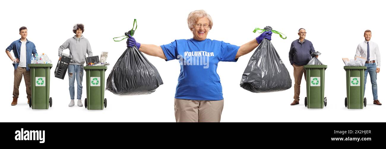 Persone che riciclano materiali e donne volontarie che tengono i sacchetti di plastica isolati su sfondo bianco, salvano il concetto del pianeta Foto Stock
