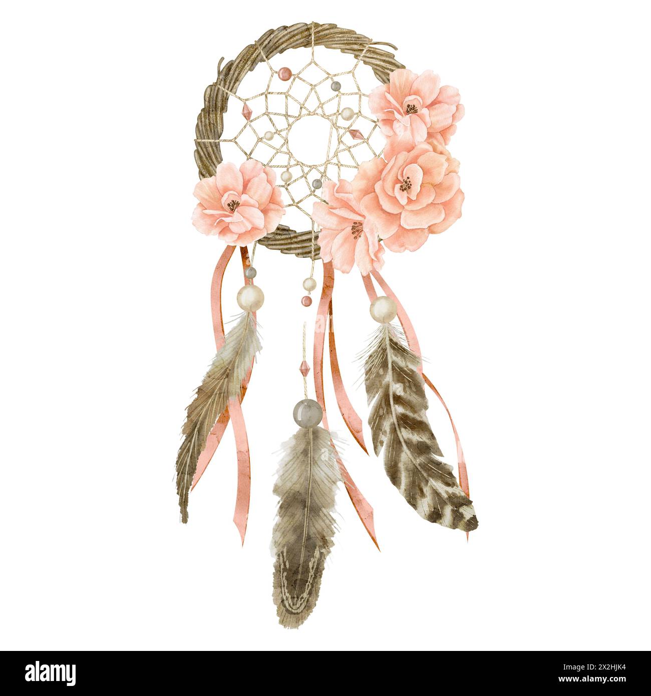 Illustrazione ad acquerello Dreamcatcher. Disegno di un ricevitore da sogno con fiori di rosa su sfondo isolato in stile boho. Amuleto tribale boemo con piume e nastri per inviti di nozze o icone. Foto Stock