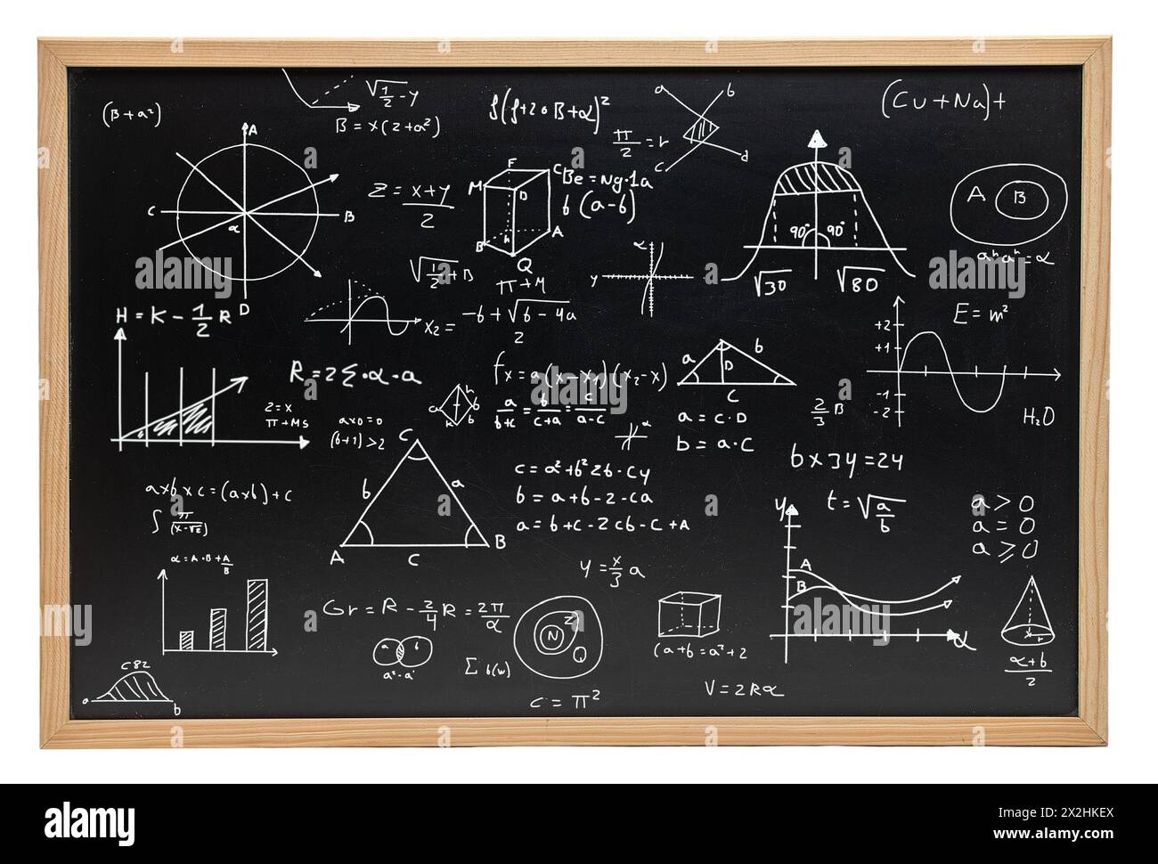Equazioni matematiche scritte su una lavagna - matematica e concetti scientifici su sfondo bianco Foto Stock
