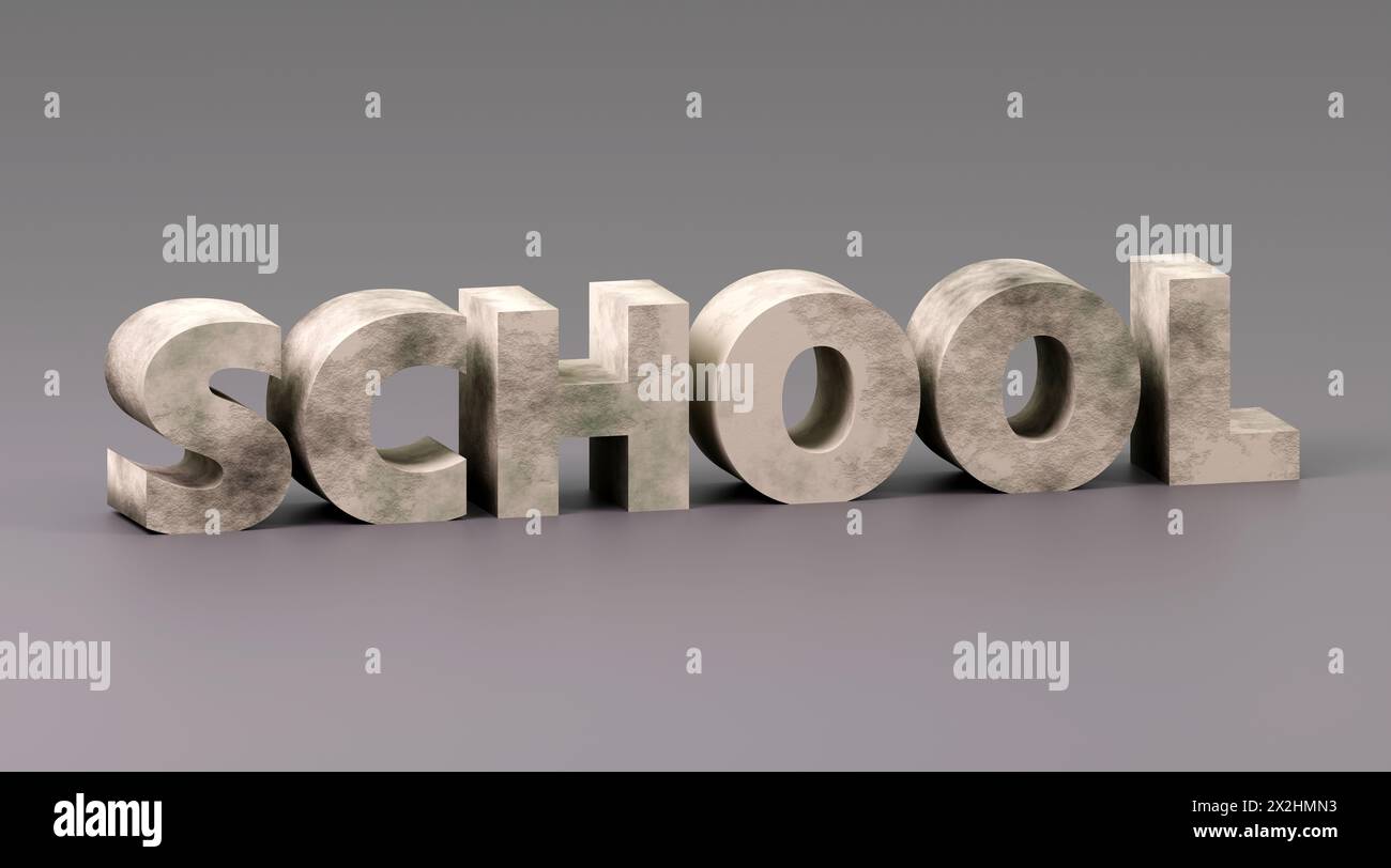Illustrazione di rendering 3D minimale per il concetto Back to School in calcestruzzo grigio su sfondo chiaro Foto Stock