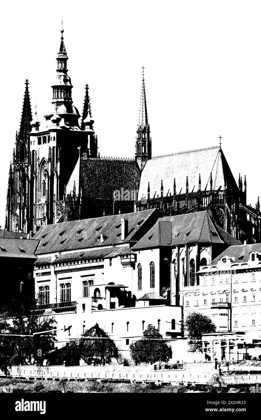 Castello di Praga - punto di riferimento della capitale della repubblica Ceca. Sede principale del presidente ceco. Centro storico della città. Modifica disegno fumetto in bianco e nero. Foto Stock