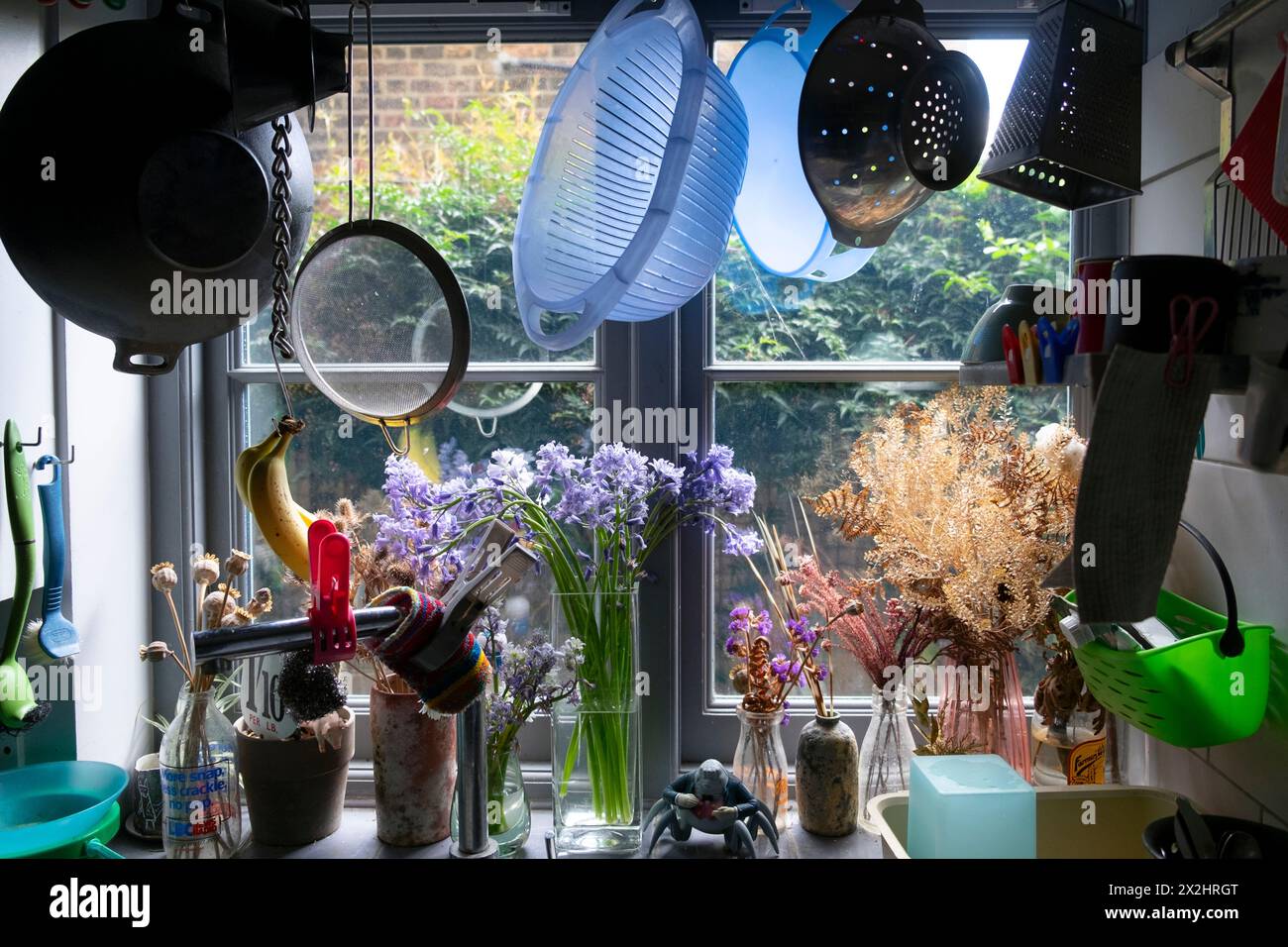 Utensili da cucina appesi sopra il lavandino della cucina con vista dall'interno della finestra all'interno della casa a schiera a Londra Inghilterra Regno Unito KATHY DEWITT Foto Stock