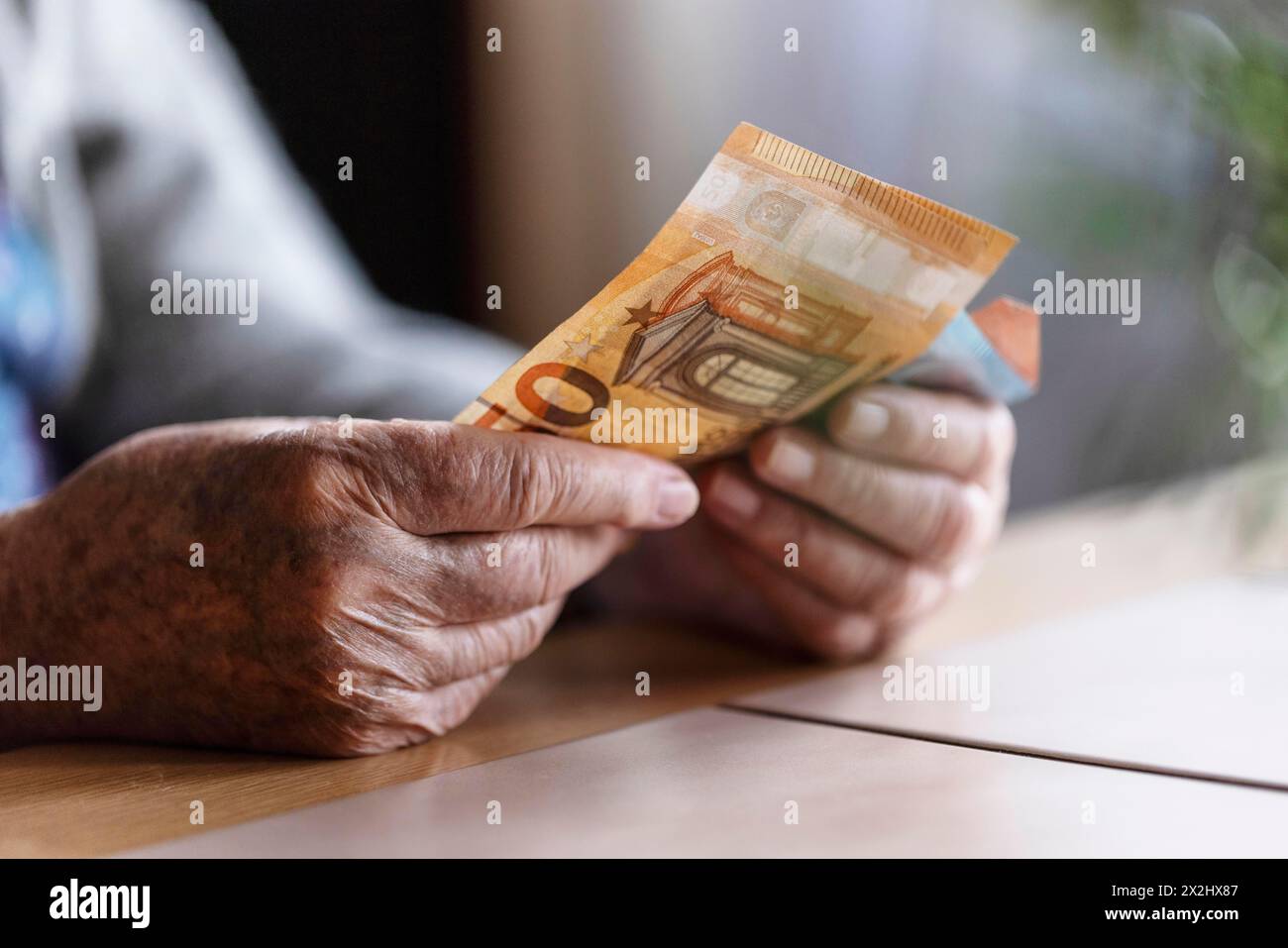 Una persona anziana con le mani rughe conta i suoi soldi a casa nel suo appartamento e tiene in mano banconote, Colonia, Renania settentrionale-Vestfalia, Germania Foto Stock