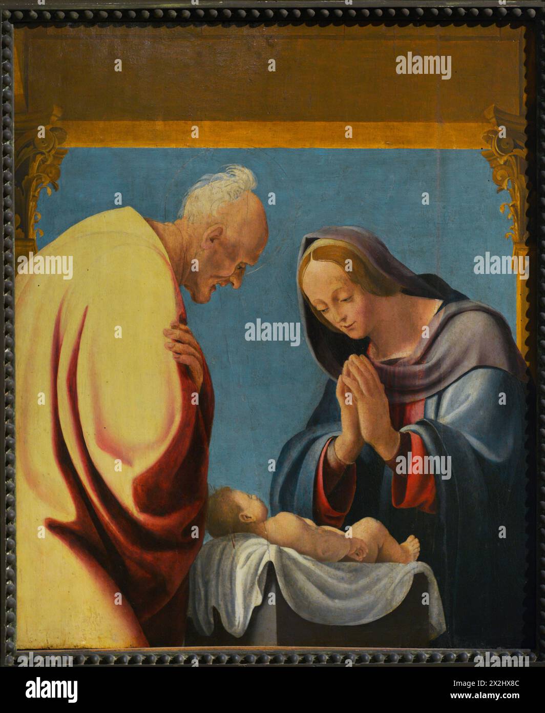 Pedro Fernández (1480-1521). Pittore spagnolo, attivo in Italia all'inizio del XVI secolo. Sacra famiglia. Parte del polittico di Santa Maria di Bressanoro, ca. 1517-1518. Tempera a bordo. Museo civico ala Ponzone. Cremona. Italia. Autore: Pedro Fernández (1480-1521). Pittore spagnolo. Foto Stock