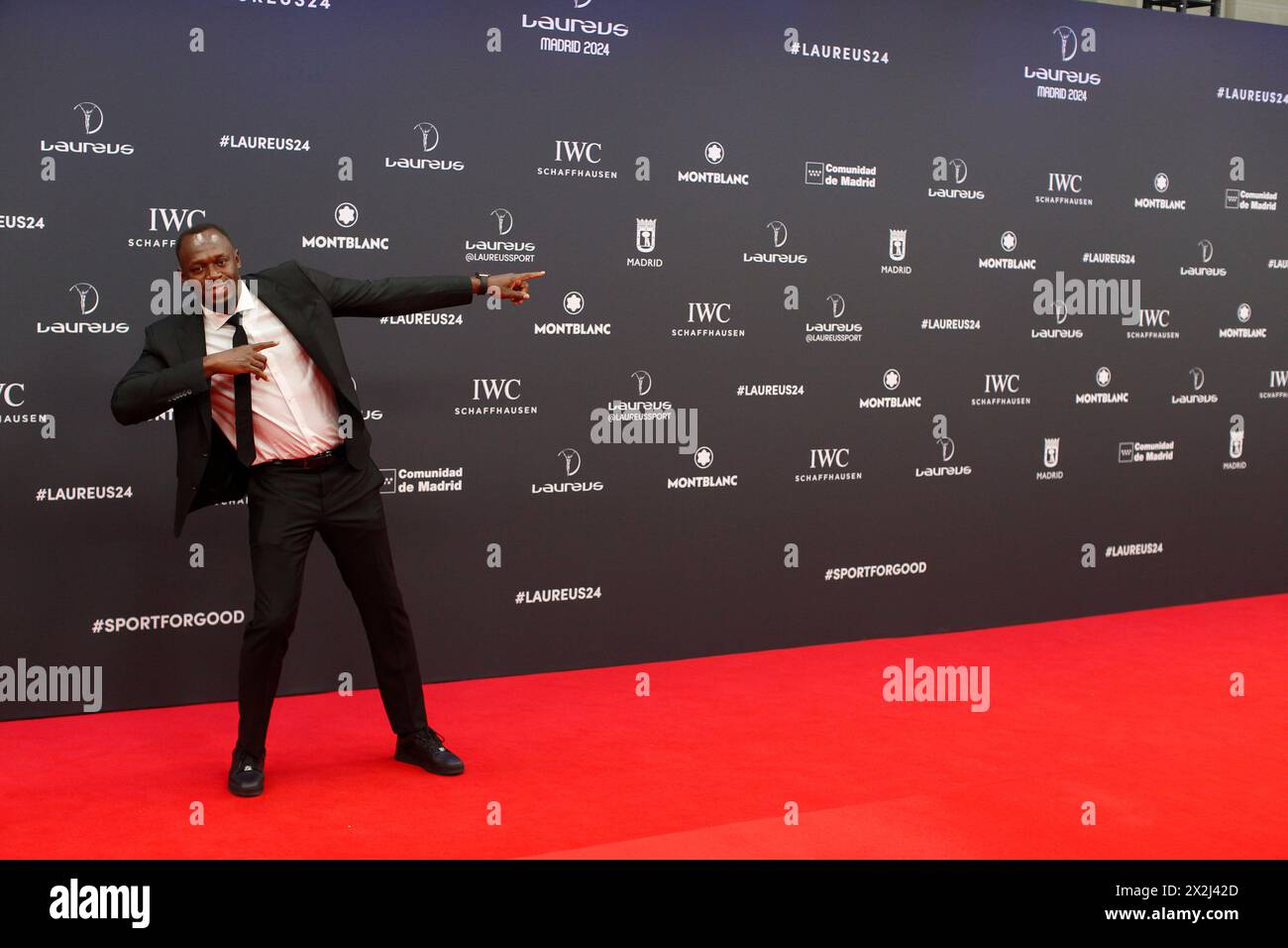 Madrid, Madrid, Spagna. 22 aprile 2024. USAIN BOLT, ex atleta giamaicano sul tappeto rosso, durante i Laureus World Sports Awards 2024 al Palacio de Cibeles di Madrid, durante il gala della 25a edizione dei Laureus World Sports Awards. (Immagine di credito: © Luis Soto/ZUMA Press Wire) SOLO PER USO EDITORIALE! Non per USO commerciale! Crediti: ZUMA Press, Inc./Alamy Live News Foto Stock