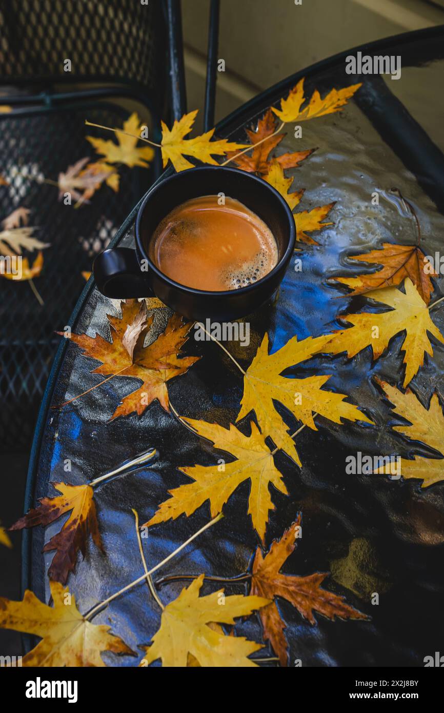 Tazza di caffè e foglie cadute sul tavolo del patio Foto Stock