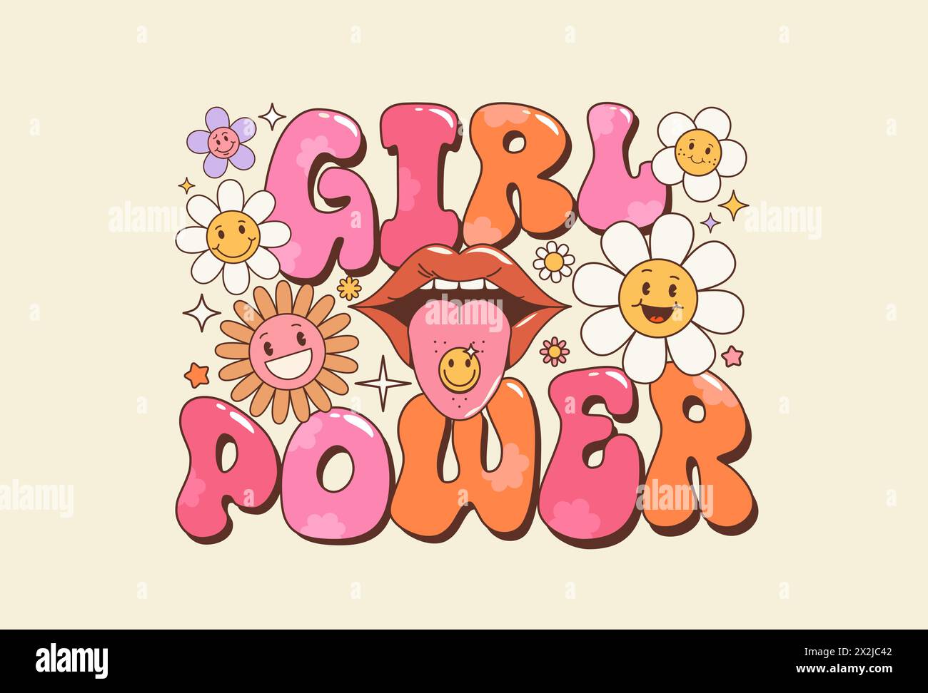 Groovy girl power quote o tipografia in stile hippie presenta carattere vibrante e fluente adornato con fiori e bocca con adesivo drugk psichedelico sulla lingua. Frase vettoriale dallo spirito libero in stile anni '1960 Illustrazione Vettoriale