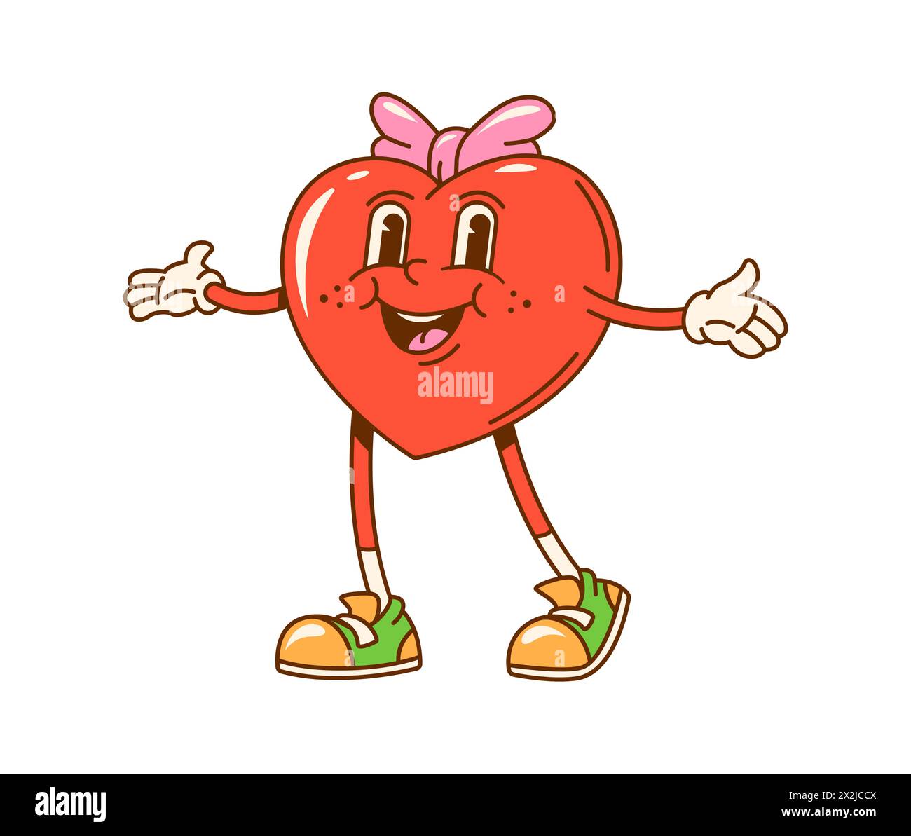Cartoon Groovy valentine girl Heart Character. Carino personaggio retrò di cuore rosso femminile con faccia sorridente e fiocco rosa. Emoticon vettoriale hippie di puro amore e sentimenti romantici Illustrazione Vettoriale