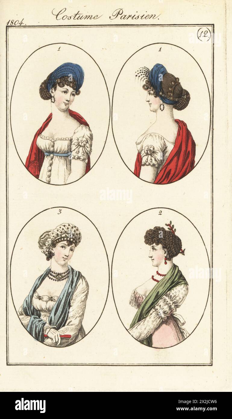 Acconciature e copricapo alla moda da donna. Capelli intrecciati con scialle di cashmere 1, trecce in stile tedesco con freccia 2 (PL. 534 nell'edizione di Parigi) e un turbante realizzato con un kerchief ricamato 3 (PL. 535). Incisione in rame colorato a mano dal Journal des Dames et des Modes di Pierre de la Messengere, Francfort sur le Mein (Francoforte) 1804. Dopo le illustrazioni di Carle Vernet, Jean-Francois Bosio, Dominique Bosio e Philibert Louis Debucourt. Foto Stock