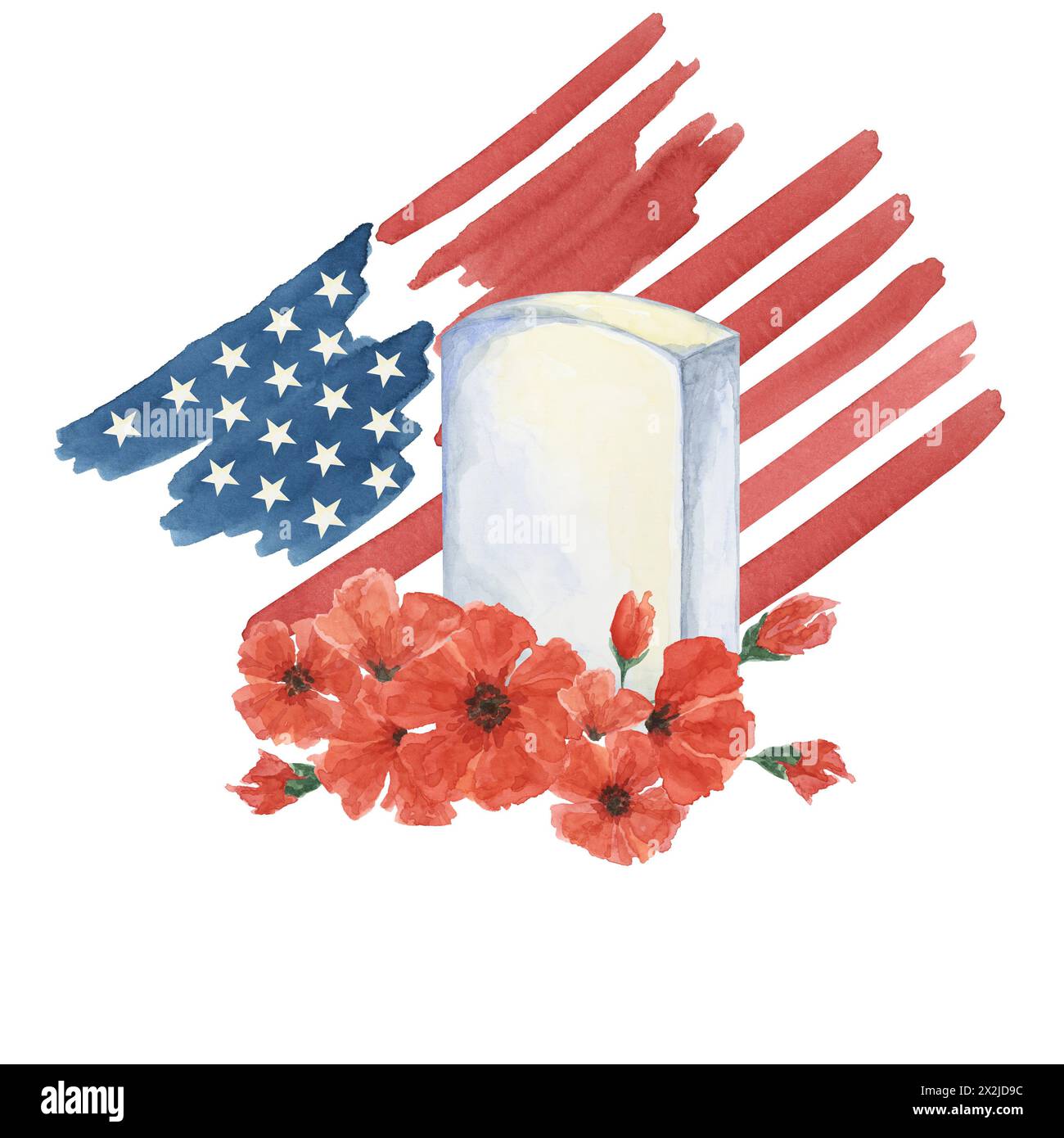 Clipart del Memorial Day. Bandiera DEGLI STATI UNITI, fiore di papavero rosso, tomba dei soldati, non dimenticarmi. Acquerello patriottico disegnato a mano che ospita la carta coraggiosa, insegna "ricorda e onora", eventi commemorativi, volantini, saldi Foto Stock