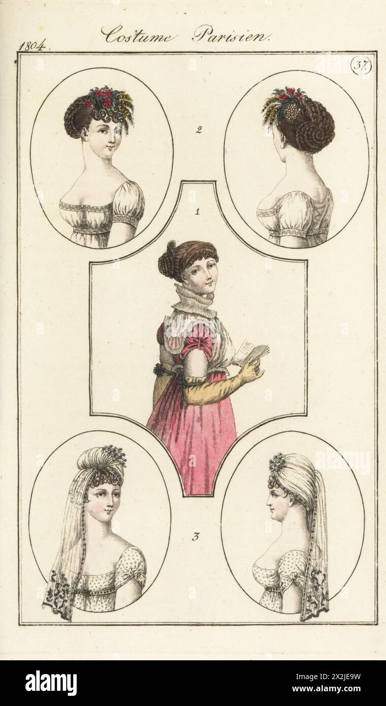 Donna con acconciatura intrecciata, blusa in fichu con colletto, abito in muschio turco 1 (PL. 575 dall'edizione di Parigi). Capelli in trecce e ricci con fiori 2 e capelli nuziali con velo ricamato 3. Incisione in rame colorato a mano di Friedrich Ludwig Neubauer dal Journal des Dames et des Modes di Pierre de la Messengere, Francfort sur le Mein (Francoforte) 1804. Dopo le illustrazioni di Carle Vernet, Jean-Francois Bosio, Dominique Bosio e Philibert Louis Debucourt. Foto Stock