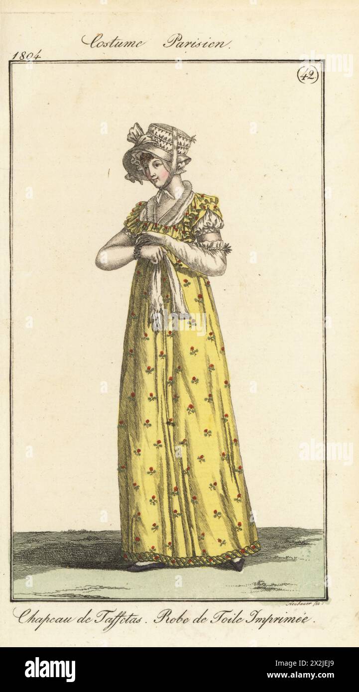 Donna francese con cofano in taffeta, abito giallo con stampa floreale e finiture turche. Chapeau de taffetas. Robe de toile imprimee. PL. 582 nell'edizione di Parigi. Incisione in rame colorato a mano di Friedrich Ludwig Neubauer dal Journal des Dames et des Modes di Pierre de la Messengere, Francfort sur le Mein (Francoforte) 1804. Dopo le illustrazioni di Carle Vernet, Jean-Francois Bosio, Dominique Bosio e Philibert Louis Debucourt. Foto Stock