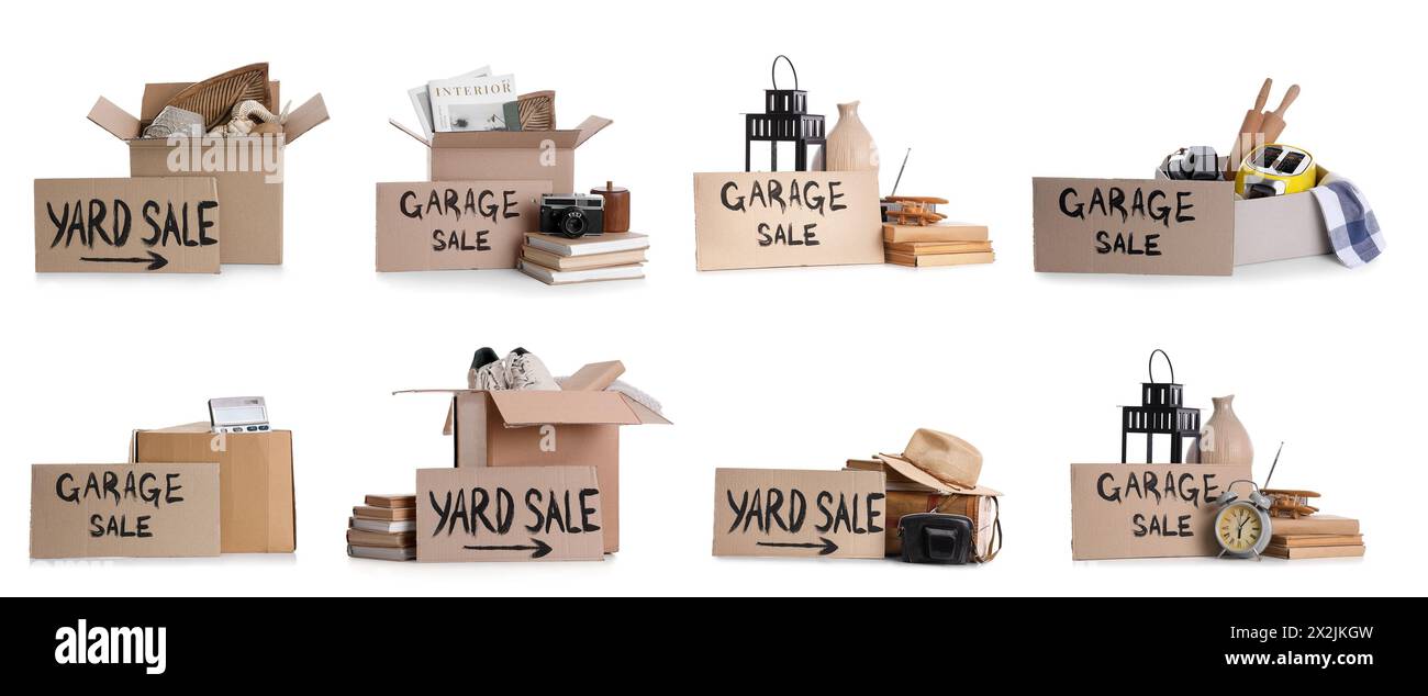 Collage di oggetti indesiderati per la vendita in garage su sfondo bianco Foto Stock