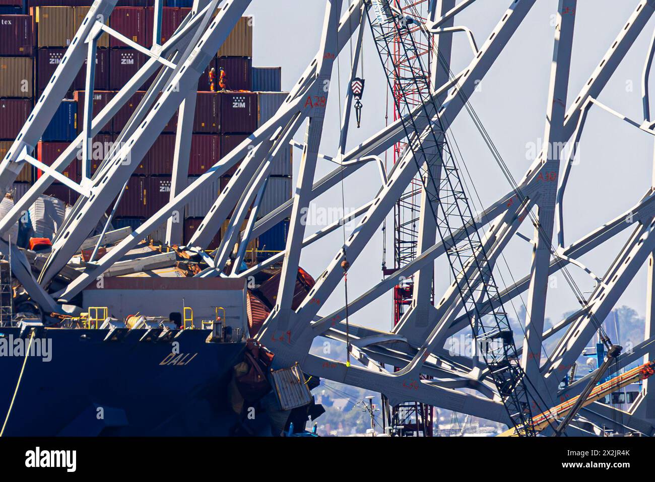 Baltimora, Stati Uniti. 22 aprile 2024. La gente sta sulla nave portacontainer Dali mentre i lavori di salvataggio continuano sul ponte Francis Scott Key, crollato lunedì 22 aprile 2024, a Baltimora, Maryland. Foto di Julia Nikhinson/UPI credito: UPI/Alamy Live News Foto Stock