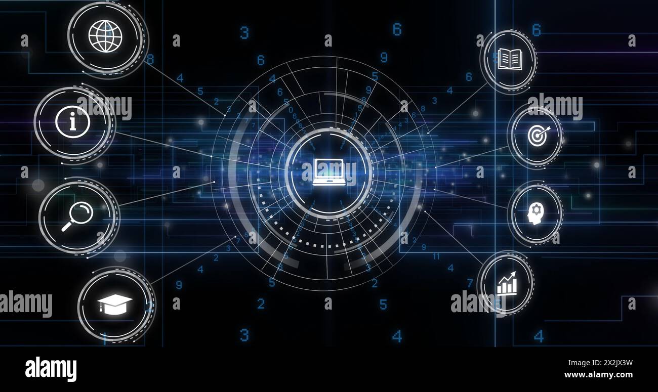 Immagine dell'elaborazione dei dati e icone su sfondo nero Foto Stock