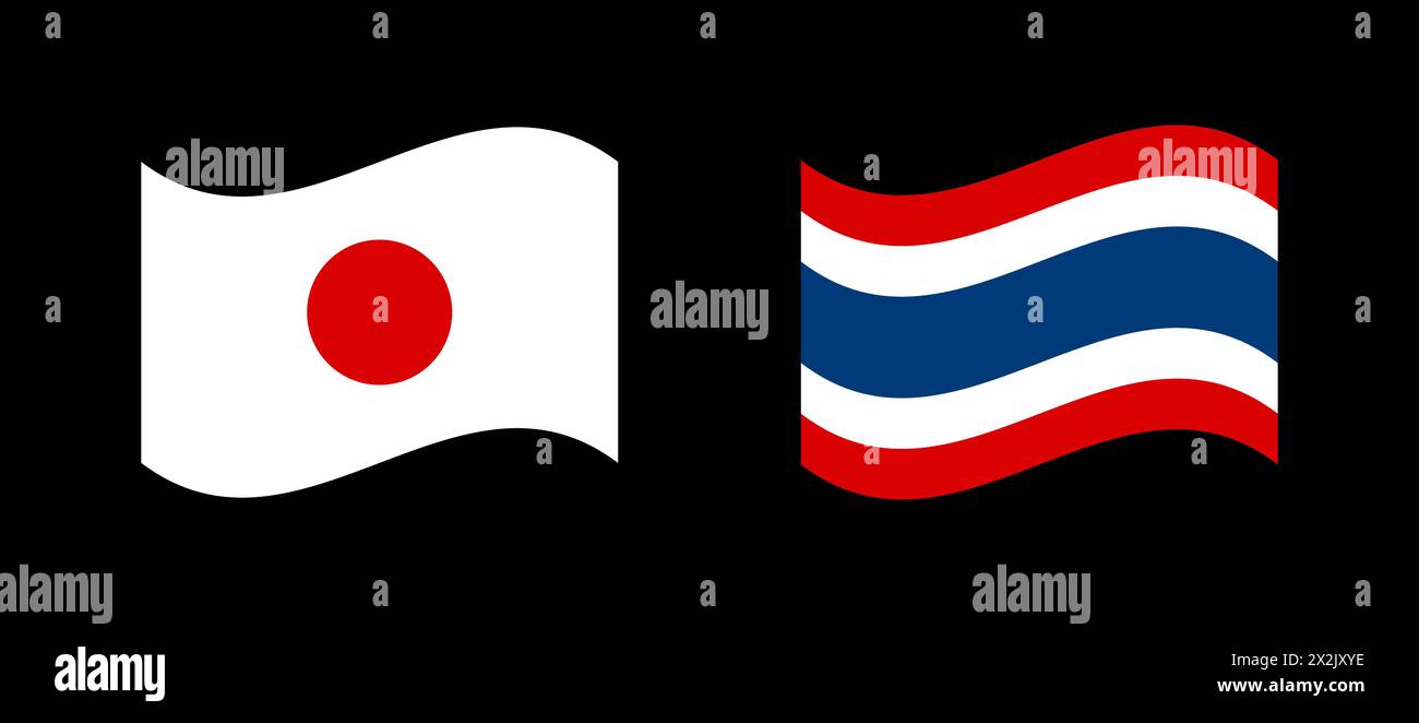 Sventolare bandiere giapponesi e thailandesi, Thailandia e Giappone tra amicizia. Illustrazione Vettoriale