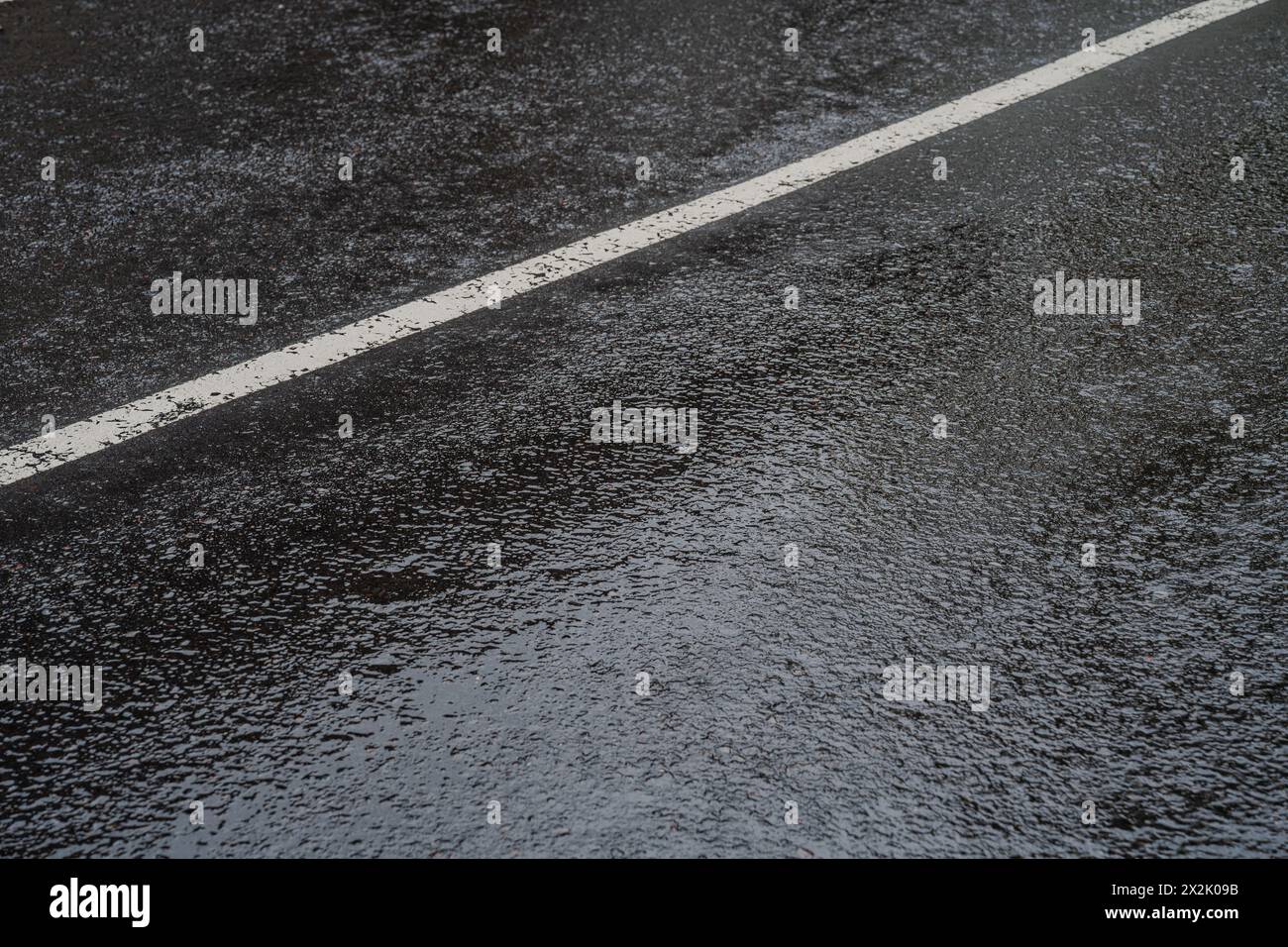 Primo piano di una strada asfaltata bagnata con una linea bianca chiara che riflette la luce dopo una pioggia fresca. Questa immagine cattura la texture e la lucentezza del Foto Stock
