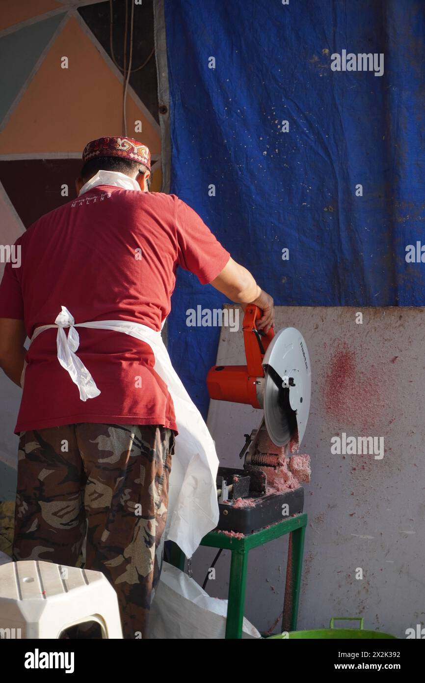 Un uomo massacra un animale sacrificale usando una macchina da taglio durante la celebrazione di Eid al-Adha Foto Stock