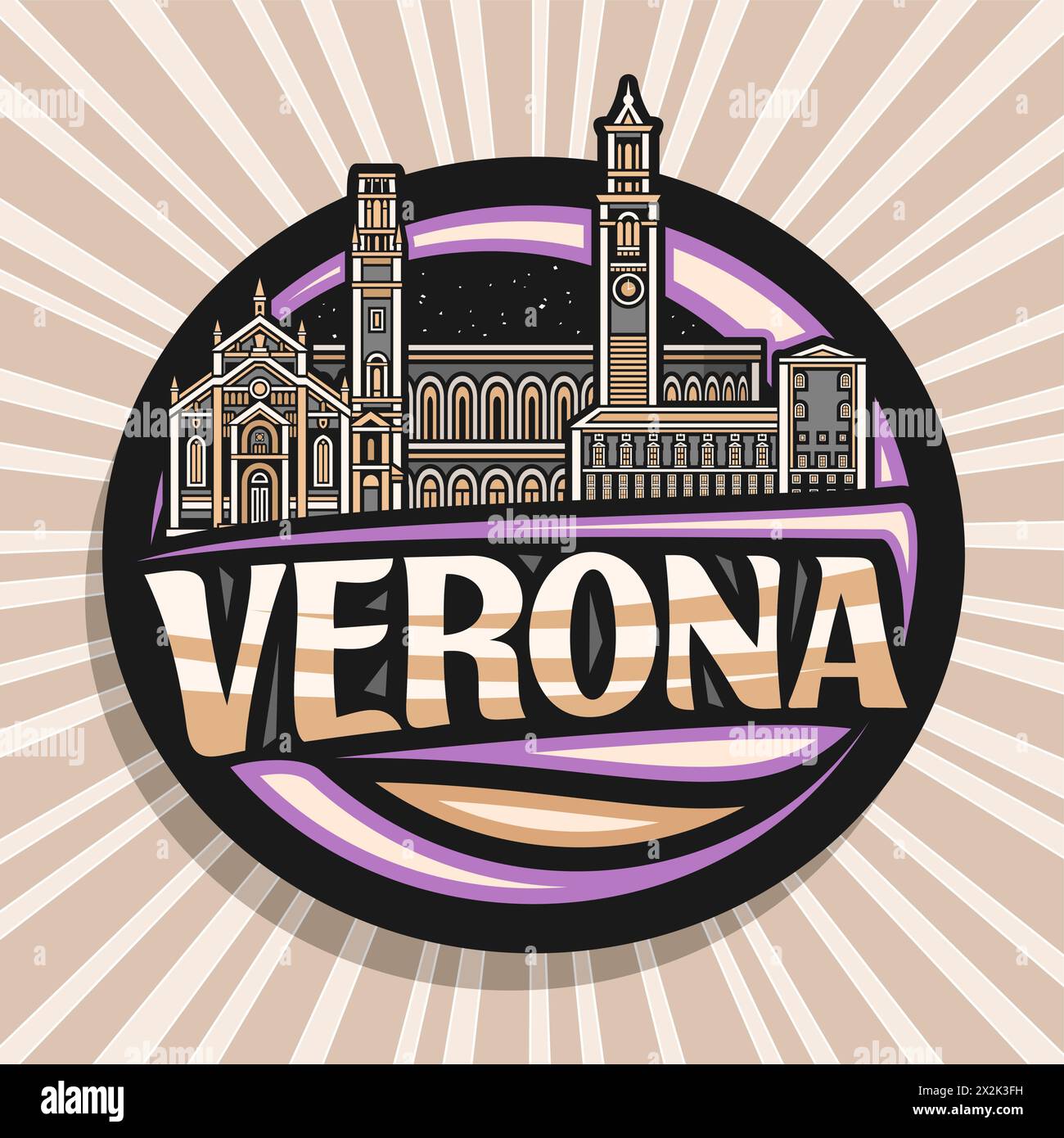 Logo vettoriale per Verona, distintivo rotondo decorativo scuro con contorno del romantico paesaggio della città di verona su sfondo cielo crepuscolo, rifrangente art design Illustrazione Vettoriale