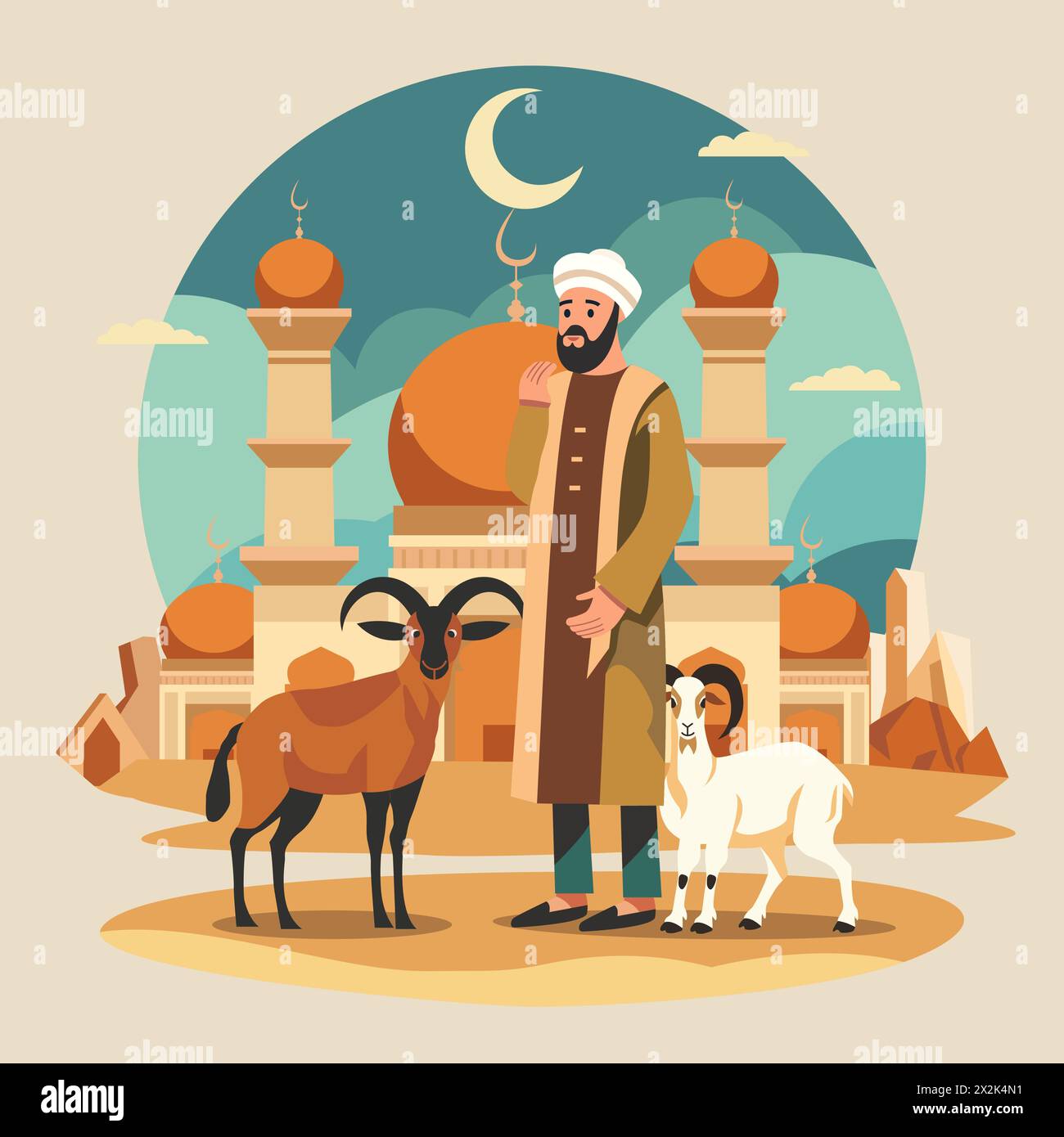 Uomo arabo musulmano con pecora capra di fronte alla moschea per l'islamico Eid al Adha Illustrazione Vettoriale