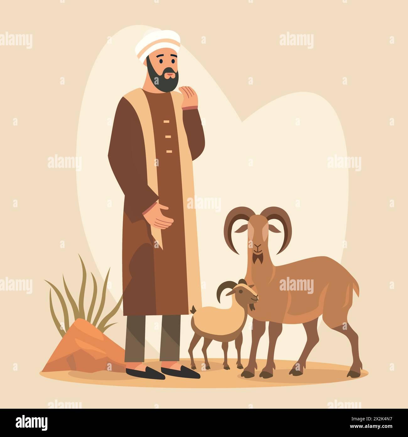 Uomo musulmano arabo islamico con pecora capra in celebrazione di Eid al Adha Illustrazione Vettoriale