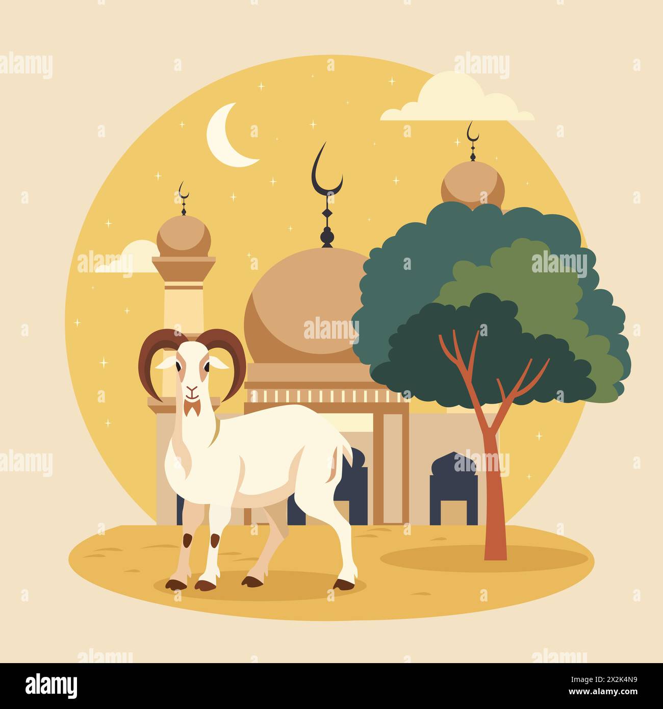 Animale di pecora capra per la celebrazione islamica di Eid al Adha sullo sfondo della moschea Illustrazione Vettoriale