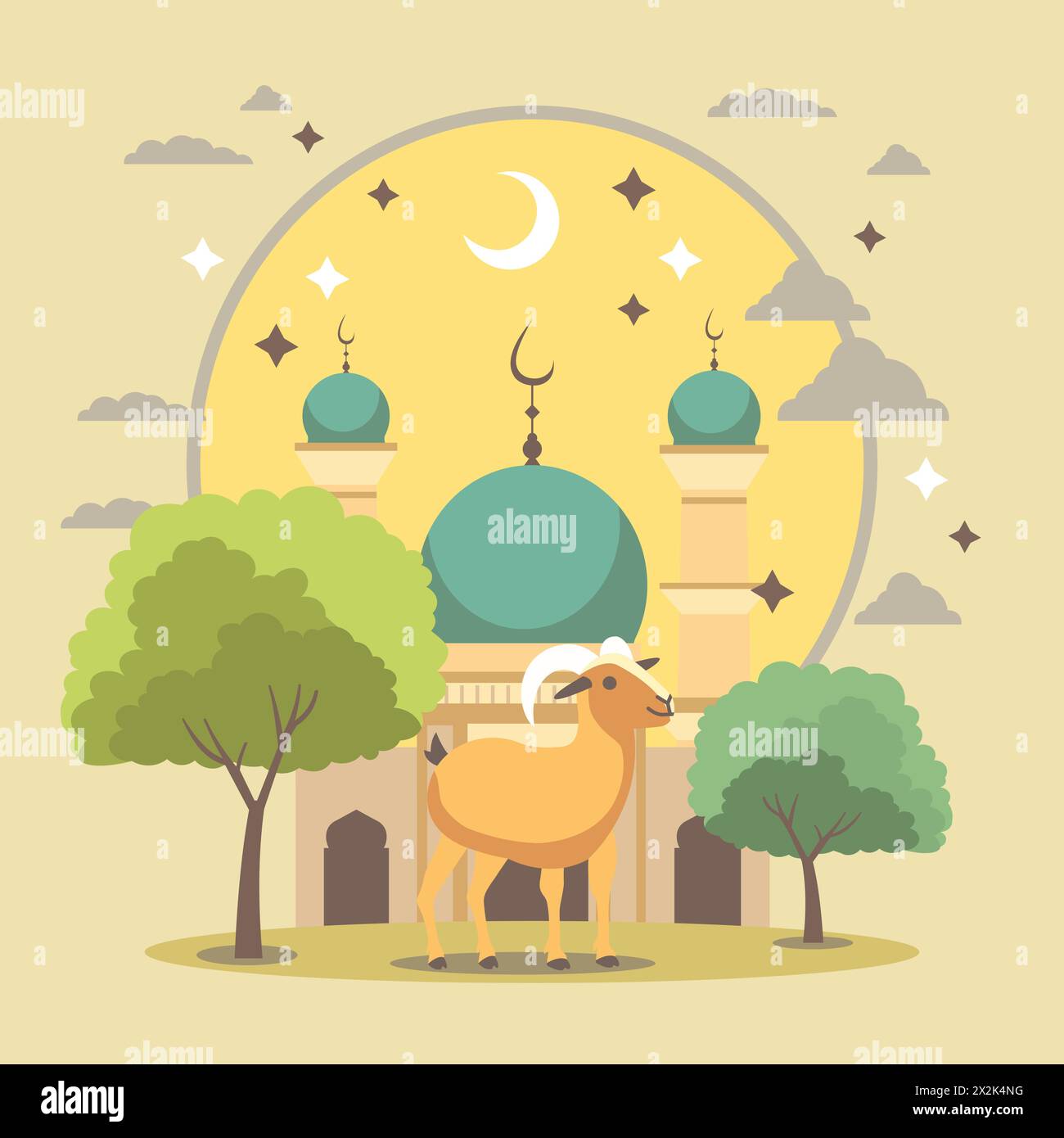 Animale di pecora capra per la celebrazione islamica di Eid al Adha sullo sfondo della moschea Illustrazione Vettoriale