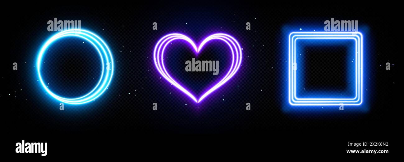 Cornici bagliori al neon in forma di cerchio, cuore e quadrato su sfondo scuro. Illustrazione vettoriale 3d realistica del bordo del casinò o della festa del night club con spazio vuoto per il testo. Striscione laser brillante. Illustrazione Vettoriale